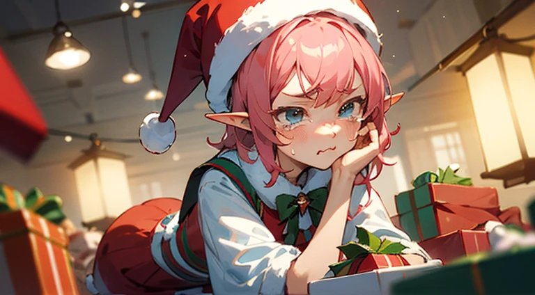 anime girl pouting, Official artwork, She has a cute and expressive face, A sad expression, My face hurts from crying, Ahegao, christmas, [[[[Christmas outfits]]]]，Looking for something，At Christmas，Wearing a red and white skirt，Looking through the gift pile，[[Mountains of gift boxes]]，Lantern，Can&#39;t find gift， Wearing a Christmas hat，[[A pink-haired]],Christmas elves