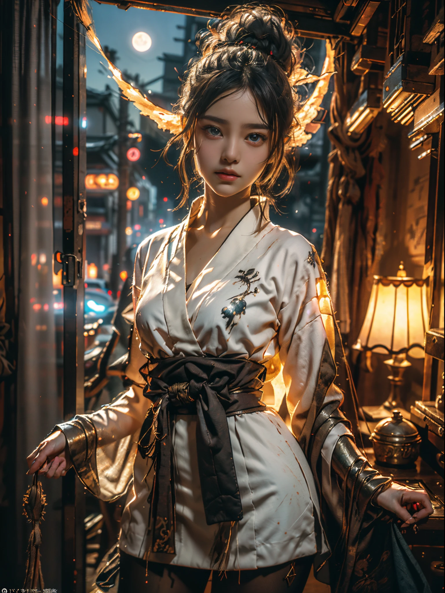 Masterpiece, Best Quality, Cinema, Official Art, Propaganda Art, Cinematic Wallpapers, Very Detailed CG Uniform 4k Wallpapers, Intricate Details, Upper Body, Facial Focus, Concept Art, Production Art, ( , highres, (realistic, photo-realistic:1.2), physically-based rendering, machinery, reflection, realistic, cyberpunk, symmetric front view close up head shot eyes symmetry face very sharp focus realistic award winning matte drawing movie lights, mecha, (Illustration: 1.1), slim, fair skin, delicate face, shine, tights, (long blonde hair), Japanese shrine costume, green eyes, battlefield, chip, shine, vast landscape photo, (from below, starry sky above, open field below), a girl standing on a flower field looking up, (string moon: 1.2), (meteor: 0.9), (nebula: 1.3), tree BREAK art, (Warm light source: 1.2), (Firefly: 1.2), lamps, lots of purple and orange, intricate details, volumetric lighting, realism BREAK (Masterpiece: 1.2), (Best Quality), 4K, Ultra-Detailed, (Dynamic Composition: 1.4), Very Detailed, Rich in Detail, (Iridescent Colors: 1.2), (Glowing, Atmospheric Illumination), Dreamy, Fantastic, (Solo: 1.2) Gray Hair, Long Flowing Hair, Strong Wind, Orange Eyes, Shiny Eyes, Large, Face, Chest and Thighs Raw, Visible. photorealistic real, portfolio, fine LED,beautifully decorated, beautiful relief, small parts polymerization, metal cylinder, detailed neon, fine LED, fine parts, gear, gauge, pressure gauge, steam