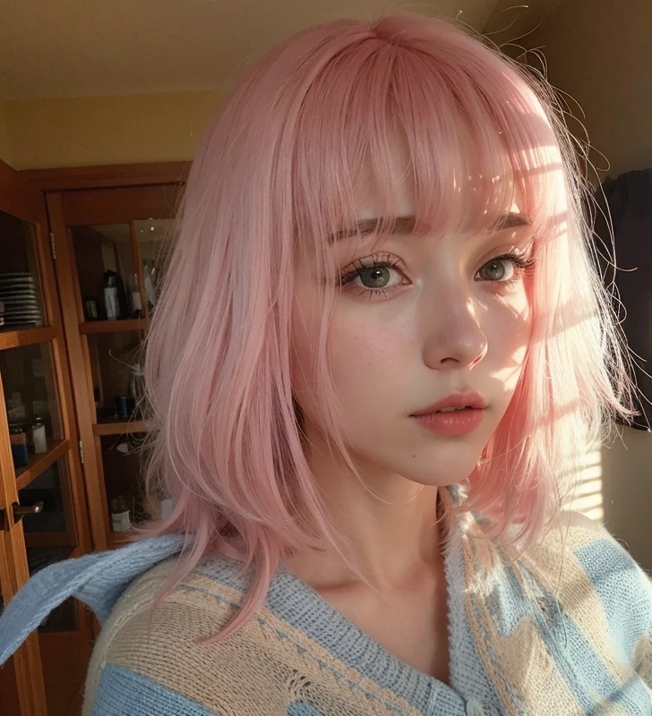 woman with pink hair and blue sweater, looking-into-camera, cabelo rosa wispy, cabelo liso rosa, linda Delphine, rosto rosa brilhante, menina bonito com cabelo rosa curto, com cabelo rosa, cabelo chiclete, flowing pink hair, long flowing pink hair, cabelo rosa claro, cabelo rosa curto, Cabelos loiros com destaques cor-de-rosa, cabelo rosa claro com chamas cor-de-rosa