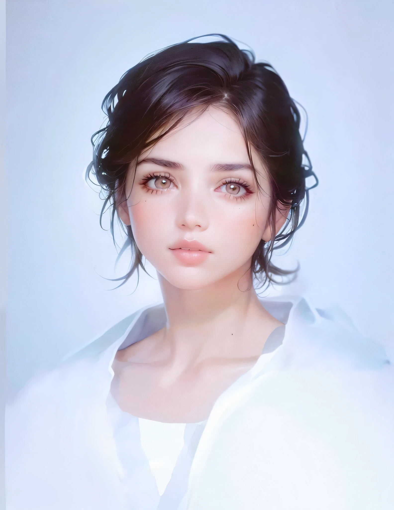 (RAW photo, best quality), (realistic, photo-realistic:1.2), 1girl, high quality, (high detailed skin:1.4), puffy eyes, gorgeous hair,   (dark room:1.3), (rim lighting:1.3), (dimly lit:1.3), (dark night:1.3), indoors, portrait, black hair, dark background, short hair,