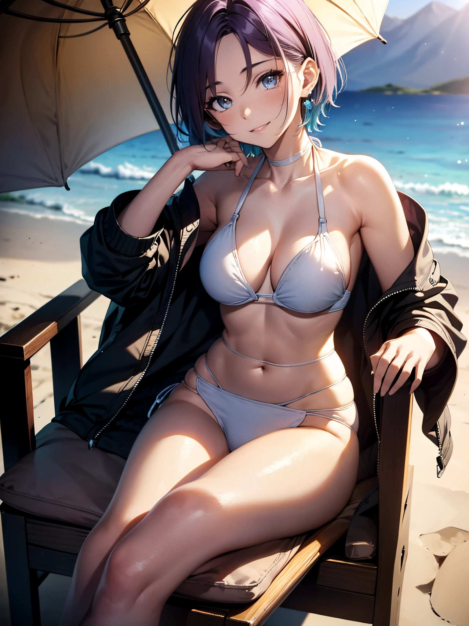 ⓪Action:(sit in a chair:1.4), (crossed leg:1.4), ①Quality:(1girl), (best quality:1.3), (masterpiece:1.3), (ultra detailed:0.8), 8k, extremely detailed CG, Perfect hands:1.2), (Perfect Anatomy:1.2), ②Eye:sparkling pupils, Intricate Iris Details, Captivating Eye Reflections, Sparkling Highlights in the Eyes, Depth and Dimension in the Pupils, Subtle Color Variations in the Iris, Meticulous Eyelash Details, detailed eyes, beautiful detailed eyes ③Lighting:brightening light, moody lighting, nature lighting, Best Illumination, ④Chest:(small breasts:1.4), (Beautiful breasts:1.0), ⑤ part: ⑥Body shape:slender body type, Miwaki. beauty legs. Beautiful abs, Seven heads, tight waist, small head, ⑦Skin:detailed skin, ⑧Facial expression:(seductive smile:1.0), detailed face, Looking at Viewer, tear, happy, Face to feel, Love A large amount of milk, waiting for a kiss ⑨Style: sexy body, animation, illustration, Bewitching. ⑩Subject:(Toru Asakura: 1.3), ⑪Hair: shiny hair, floating hair, (short hair:1.4), (low hair volume:1.4), (Parted Bangs:1.4), (blue hairs、gradation hair、multi color hair、Parted bangs、Purple hair), (Hairstyle with middle parting:1.3), (Boyish hairstyle、Hairstyle like a boy、Putting out the forehead) ⑫Environment: Bedrooms,penthouse, Suite Room, Spacious double bed, (luxurious bedroom: 1.3), on the beds, ⑬Composition:(full body:1.4), (from below,:1.4), from side, (extreme close-up view: 1.3), very wide shot, dutch angle BREAK, (white High-waist bikini:1.4), earrings, sandal BREAK, Girl sitting on a beach chair with umbrella and mobile phone, relaxing on the beach, relaxing on the beach, relaxing on the beach, sunbathing at the beach, relaxing on the beach, sunbathing at the beach. Illustration, On the beach, Relax Concept Art, 4K,