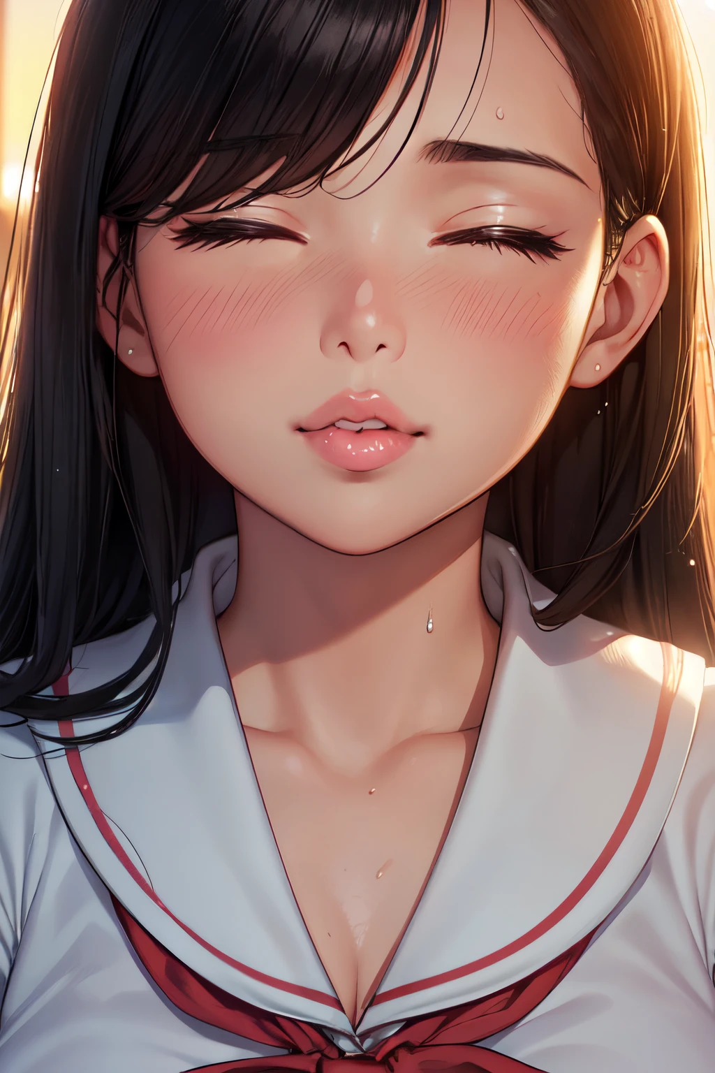 (High quality, High resolution, Fine details), Sunset, (close-up face:1.2), romantic mood, warm lighting, warm color tones, solo, School uniform, curvy women, Black Hair, (Closing eyes), (kissy face and lips), blush, Sweat, Oily skin, shallow depth of field