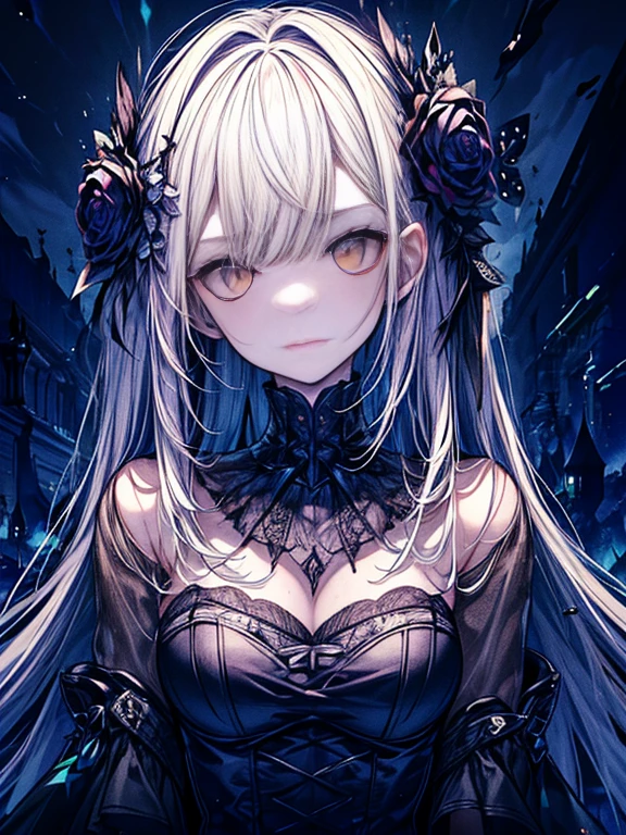 Anime manga girl,Has white hair,wearing a black dress,facing at the camera, seductive anime girls,Frost metallic lace, Blood-colored pupils,Dark art, 8K,like a dream,Complicated details,detailed digital anime art, Demon anime girl, detailed anime art, beautiful anime catgirl, Frost metallic lace,inspired by plum trees, mistic
