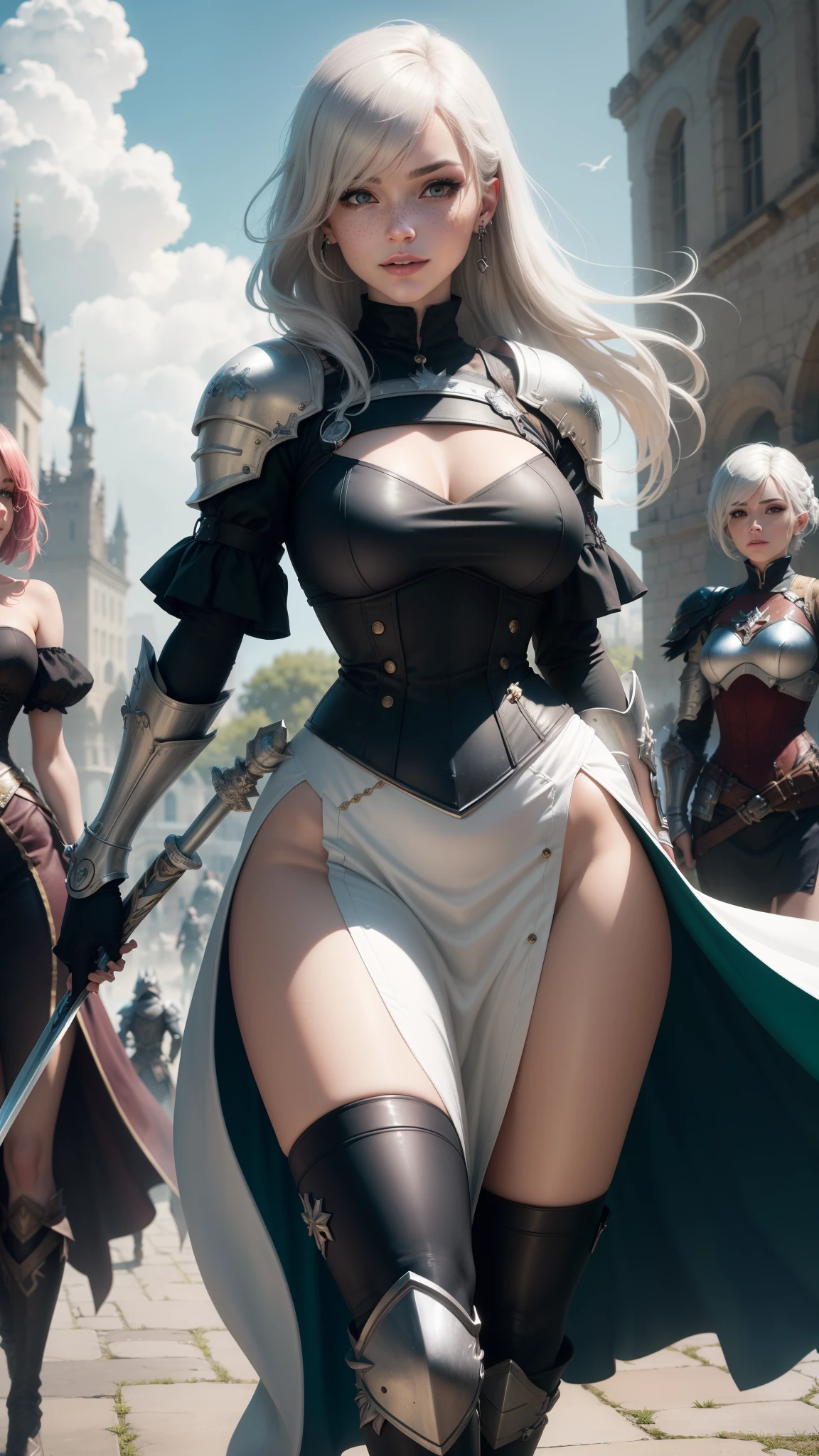 gwen tennyson,yorha 2b,tracer,claire farron,overwatch,atelier ryza,close up,castle siege battle,tattoos,black and white plugsuit,white short sleeve knight top,short sleeve knight full plate armor,long black knight skirt,white knight corset,long hair,princess makeup,green eyes,multicolored silver hair,long dress train,sexy smile, freckles,beautiful girl,knight thigh high boots,large breasts,8k,ultra detailed,realistic,fantasy art,silver knight uniform,queen gown dress,hair pin,ear piercings,snowflake hand and neck jewelry,(weather:windy),long royal black knight coat,holding a short spear,walking fast,charging forward,