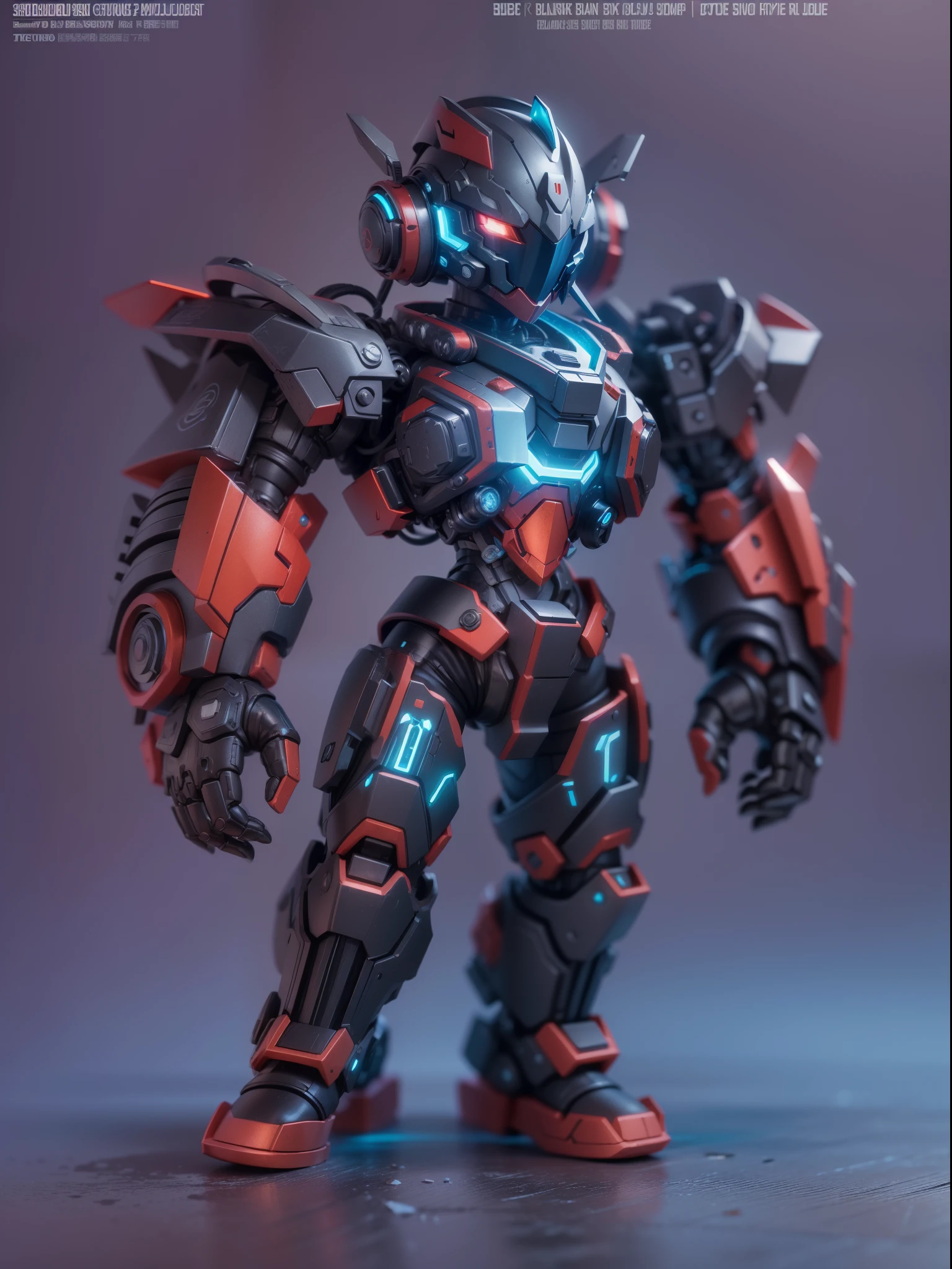 (Blind box toy style:1.2), (Full body shot) , 1 cute strong metal mage, Metal mech,Metal opaque helmet, cyber punk perssonage, dreamy glow, Clean, Black draft,red and blue style, ( Global illumination, Ray traching, hdr, unreal render,reasonable design, high detal, Masterpiece, Best quality, hyper HD, Cinematic lighting)