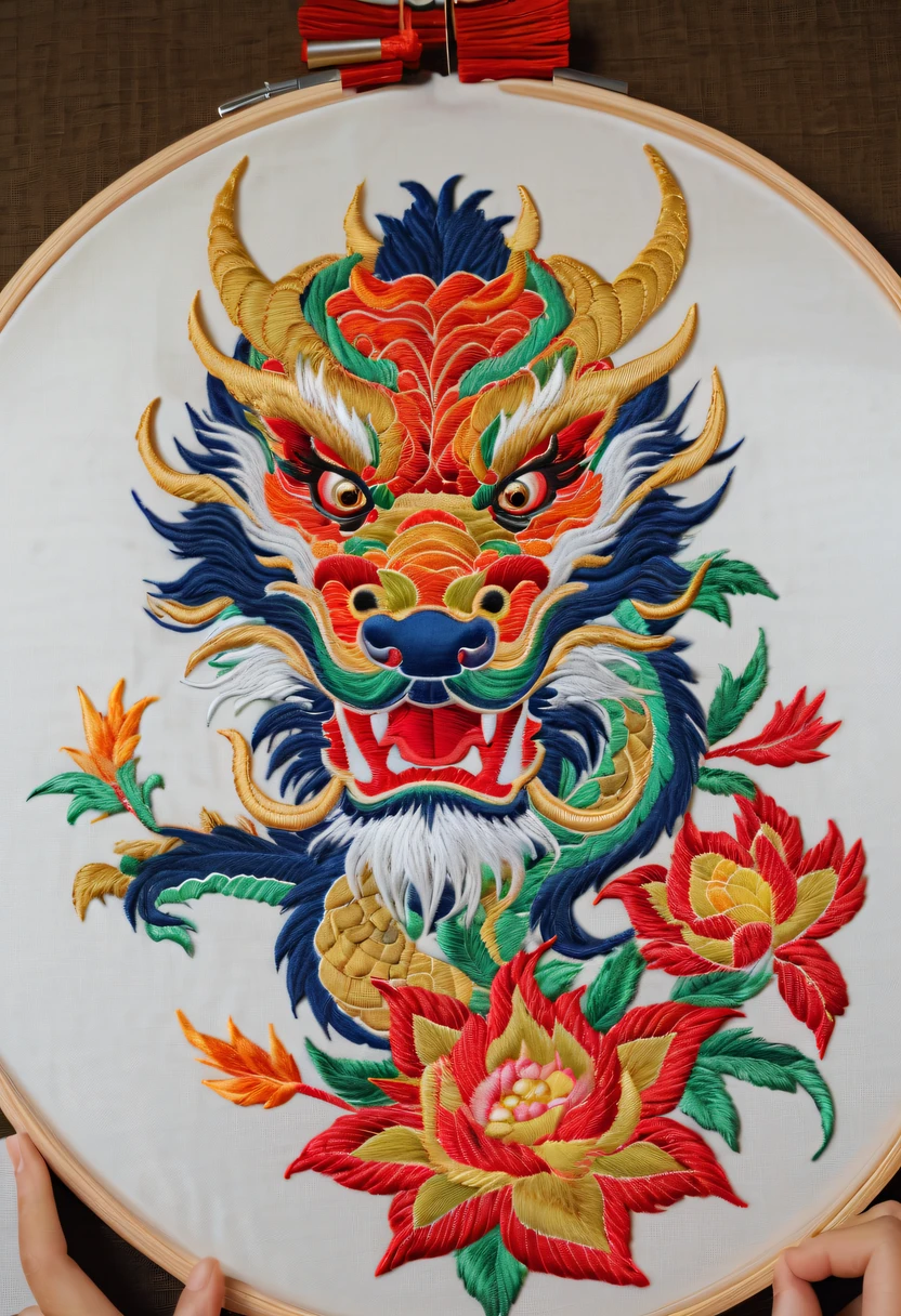 Draw an embroidery work,dragon head embroidery,Chinese clothing design,Silk fabric,