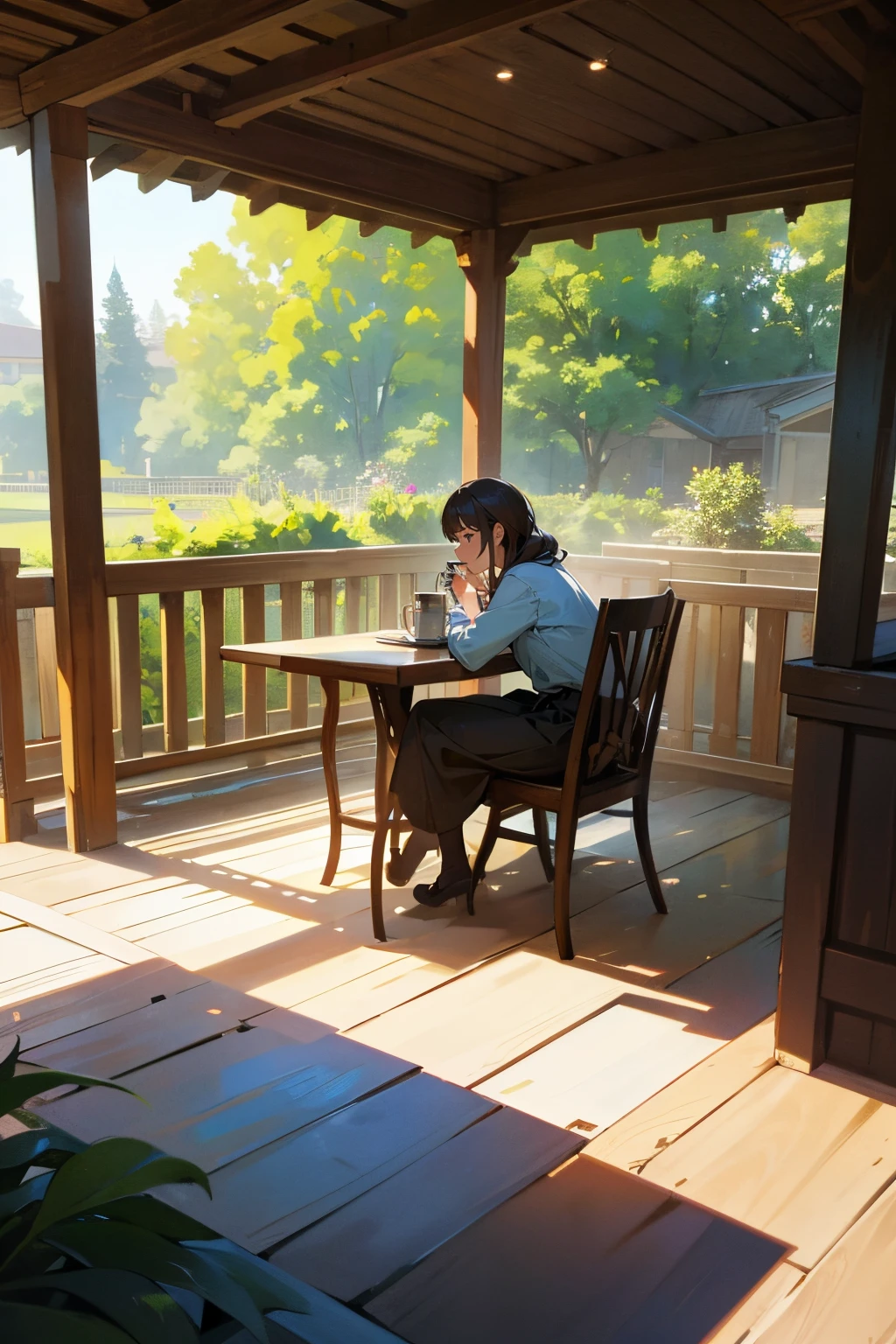 A woman is sitting on a chair with a table in the garden......, Pick up a coffee mug and drink it....... wide angle shot, facing camera