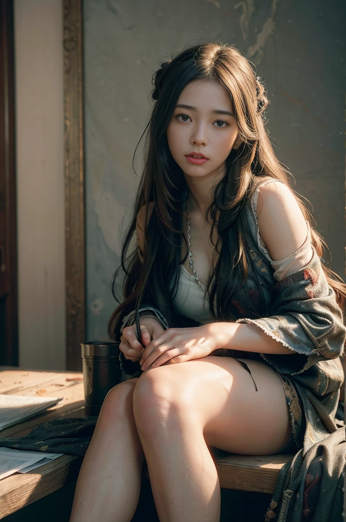 (RAW photo, bestquality), (Realistic, photo-realistic:1.3),bestquality,high-detail,masterpiece,ultra-detail,illustration,1girls,upon_body,dynamic angle,World Masterpiece Theater,messy_long_hair,bestquality,extremely detailed cg unity 8k wallpaper,ink,Marvel,Cinematic lighting,Lane Lair,,dunhuang_style