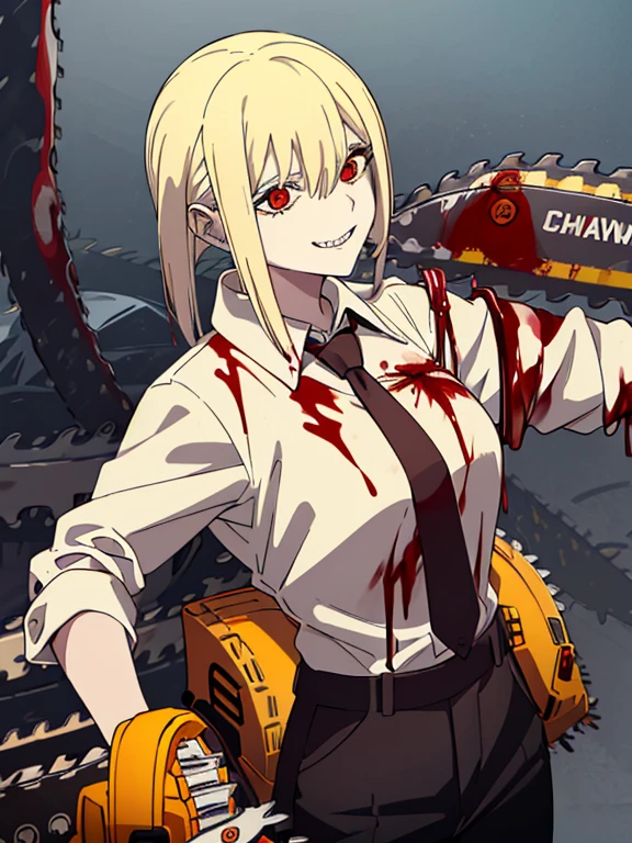 1girl,bob,yellow hair,white button-up shirt,black pants,(((((having a chainsaw))))),red eyes,grin,tongue out,tie,(((((blood))))),guro,devil hunter,high quality,((sharp teeth)),chainsaw arm,chainsaw,