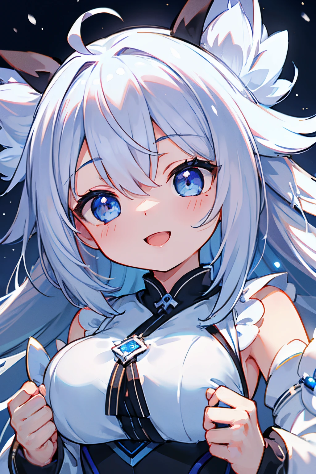 1girl in, silber hair、Blue eyes、Ahoge、A smile, open open mouth,Clear face,​masterpiece, detailed shadow, Detailed light, ighly detailed, top-quality, hard disk, in 8K, hightquality、Clear face、snowy night