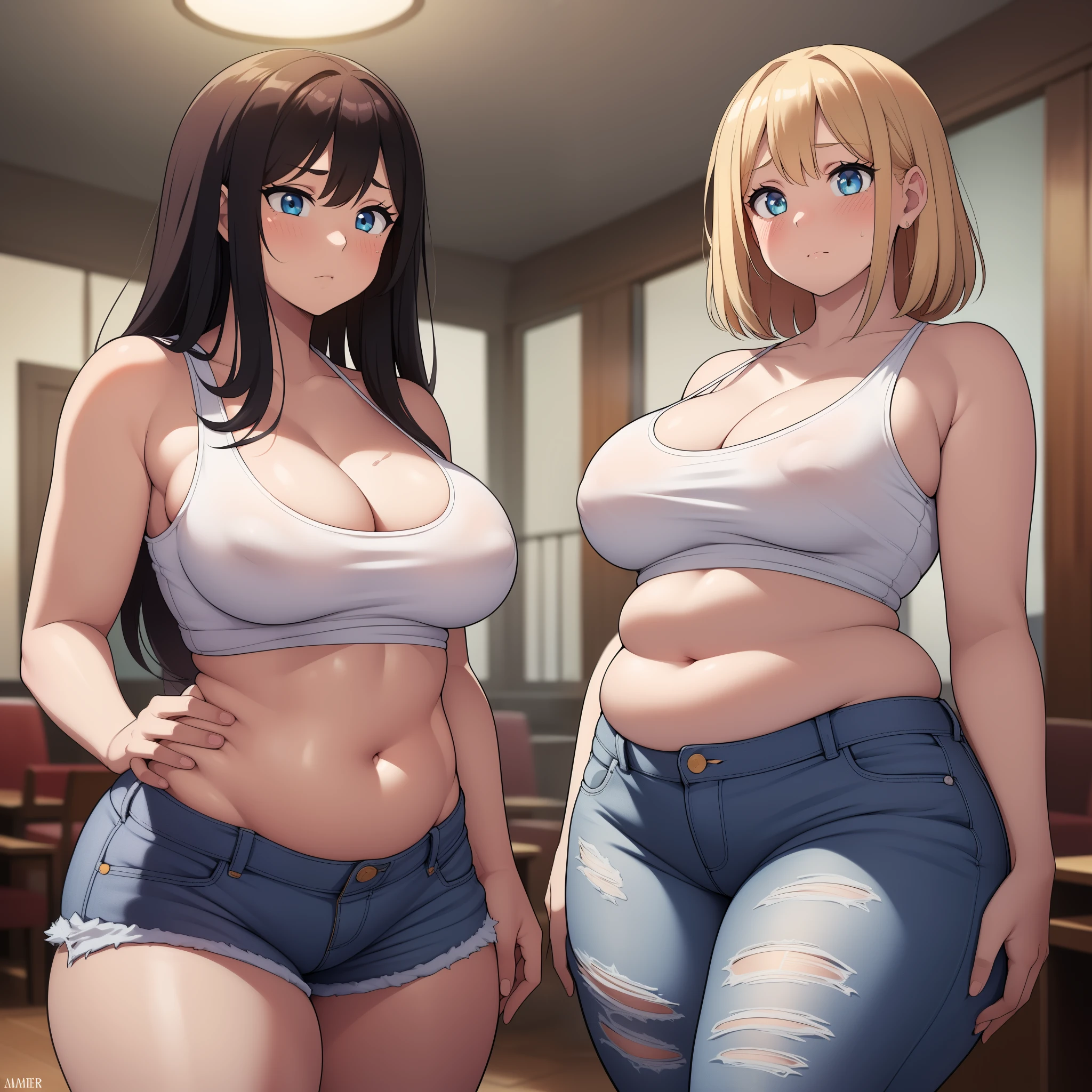 ((masterpiece)), perfect anatomy, perfect shading, field of depth, (best quality), extremely delicate and beautiful, perfect lighting, detailed face, ultra cute face, cute, (cowboy shot 1.2), full body, (((2girls))), ((2 girls 1 and 2))
Girl 1: has long hair, fluffy hair, blonde hair, blue eye, ((Blush)), embarrassed (crop top 1.2), (jean shorts 1.2), extremely tight clothes, medium breasts, cleavage, perky breasts, ((wide hips)), (thick thighs), (chubby), pudgy belly, fat rolls, belly hang,
Girl 2: has short hair, fluffy hair, brown hair, green eye, ((blush)), embarrassed, (white tank top 1.2), (jeans 1.2), extremely tight clothes, medium breasts, cleavage, perky breasts, (((wide hips))), ((thick thighs)), (plump), chubby belly, fat rolls, belly hang, she has a jiggly belly,
hotel lobby, intricate background, detailed background, girls are standing next to each other,
