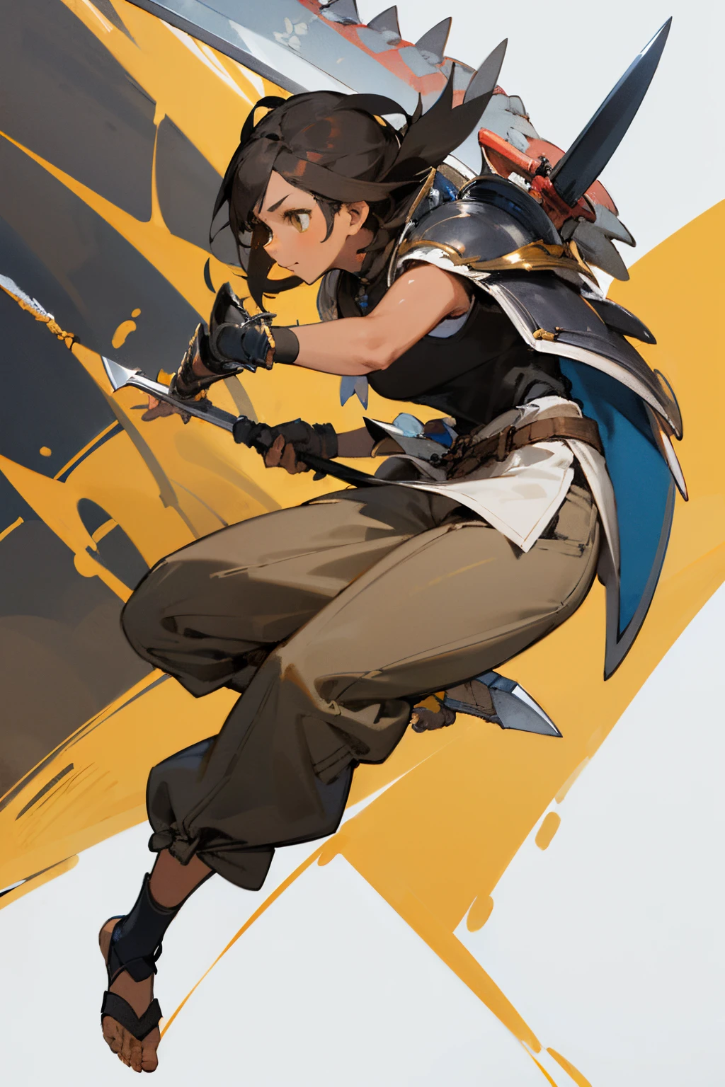 (high quality image) girl from kamura village in monster hunter rise . with two block brown to black hair, yellow iris, and dark skin. the weapon is Insect Glaive with dark color. the outfit, she wear a white tanktop with dark brown hand armor, foot armor, pants armor