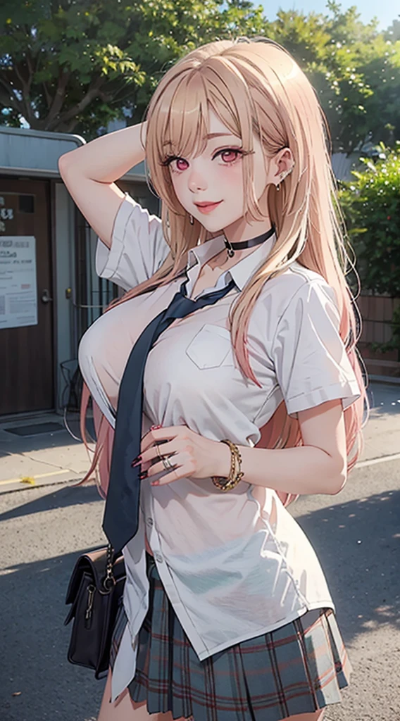 MarinLora, 1girl, (back 1.5), long hair, blush, smile, blonde hair, shirt, red eyes, jewelry, school uniform, white shirt, pink hair, earrings, outdoors, necktie, choker, collared shirt, nail polish, arm up, bracelet, tree,, black choker, piercing, ring, ear piercing, black necktie, pink nails,, (very wide open chest: 1.3),(((big breasts:1.2)),