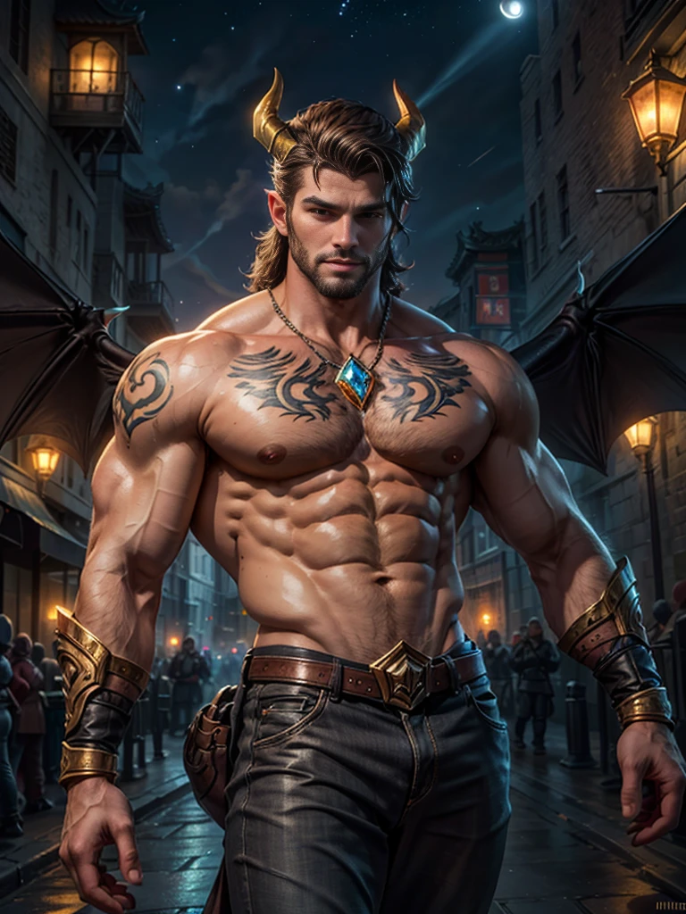 tmasterpiece, Best quality, A high resolution, closeup portrait, of a man, the greek god, carefully sculpted eyes！Headdress with wolf devil horns！There are bat wings（（Christopher Michael Presson））like a dream, League of Legends style, Belle peinture de personnage, Bright light, amazing composition, Front view, HighDynamicRange, Volumetriclighting, Super quality, Elegant, Very detailed masterpiece, Best quality, A high resolution, closeup portrait, of a man, the greek god, （（Christopher Michael Presson））like a dream, League of Legends style, Belle peinture de personnage, Bright light, amazing composition, Front view, HighDynamicRange, Volumetriclighting, Super quality, Elegant, Very detailed content 8k ultra high definition，（（tmasterpiece）），（high high quality），primitive，realistically，（Carefully sculpt the eyes）insanely details，Highly realistic skin and just the right colorachizi beard）（Handsome figure）higher care，cloud，HANDSOME MUSCULAR MAN），Stubble masculinity）Gorgeous Hanfu（The clean red color outside the Forbidden City wall），（（The background is the streets of New York after the rain！light reflection on road！））natta！first quarter moon！There are stars！，（（tmasterpiece）），（（with tattoos））（high high quality），（（The character is full body））！