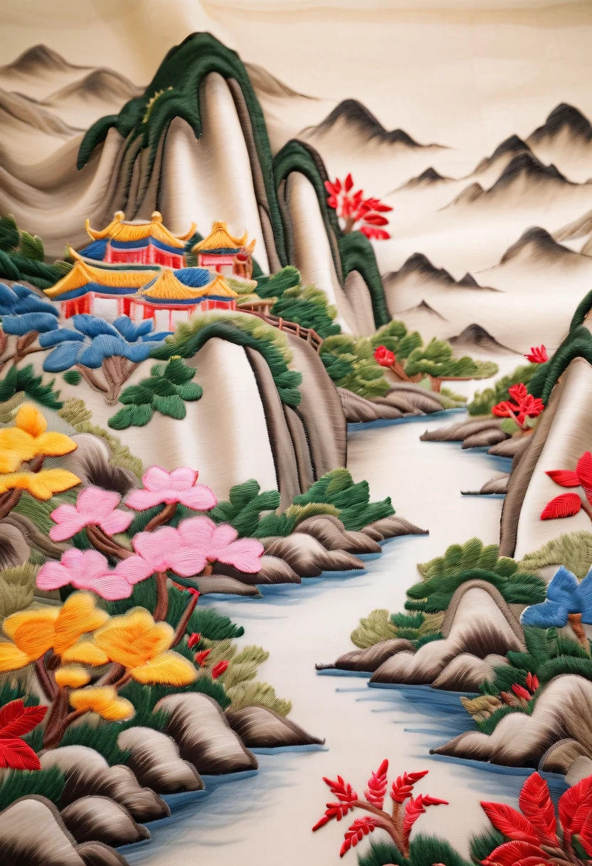 Draw an embroidery work,Landscape embroidery,Chinese clothing design,Silk fabric,
