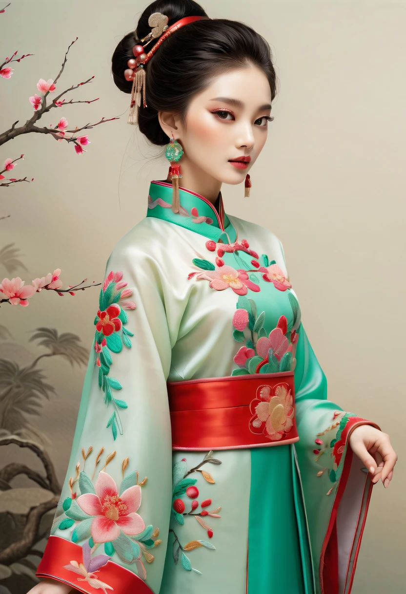 Draw an embroidery work,Character embroidery,Chinese clothing design,Silk fabric,