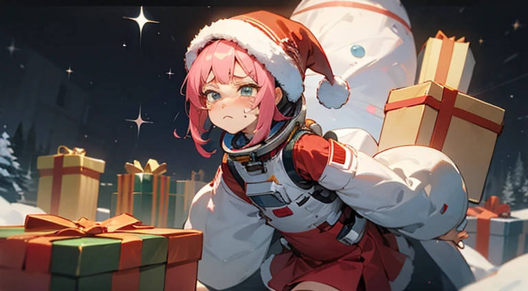 anime girl pouting, Official artwork, She has a cute and expressive face, A sad expression, My face hurts from crying, Ahegao, christmas, [[[[Christmas outfits]]]]，Looking for something，At Christmas，Wearing a red and white skirt，Looking through the gift pile，[[Mountains of gift boxes]]，Lantern，Can&#39;t find gift， Wearing a Christmas hat，[[A pink-haired]],Face the lenend over，snowy days，On an alien planet，Astronauts onlookerass of people，Passery wearing spacesuits