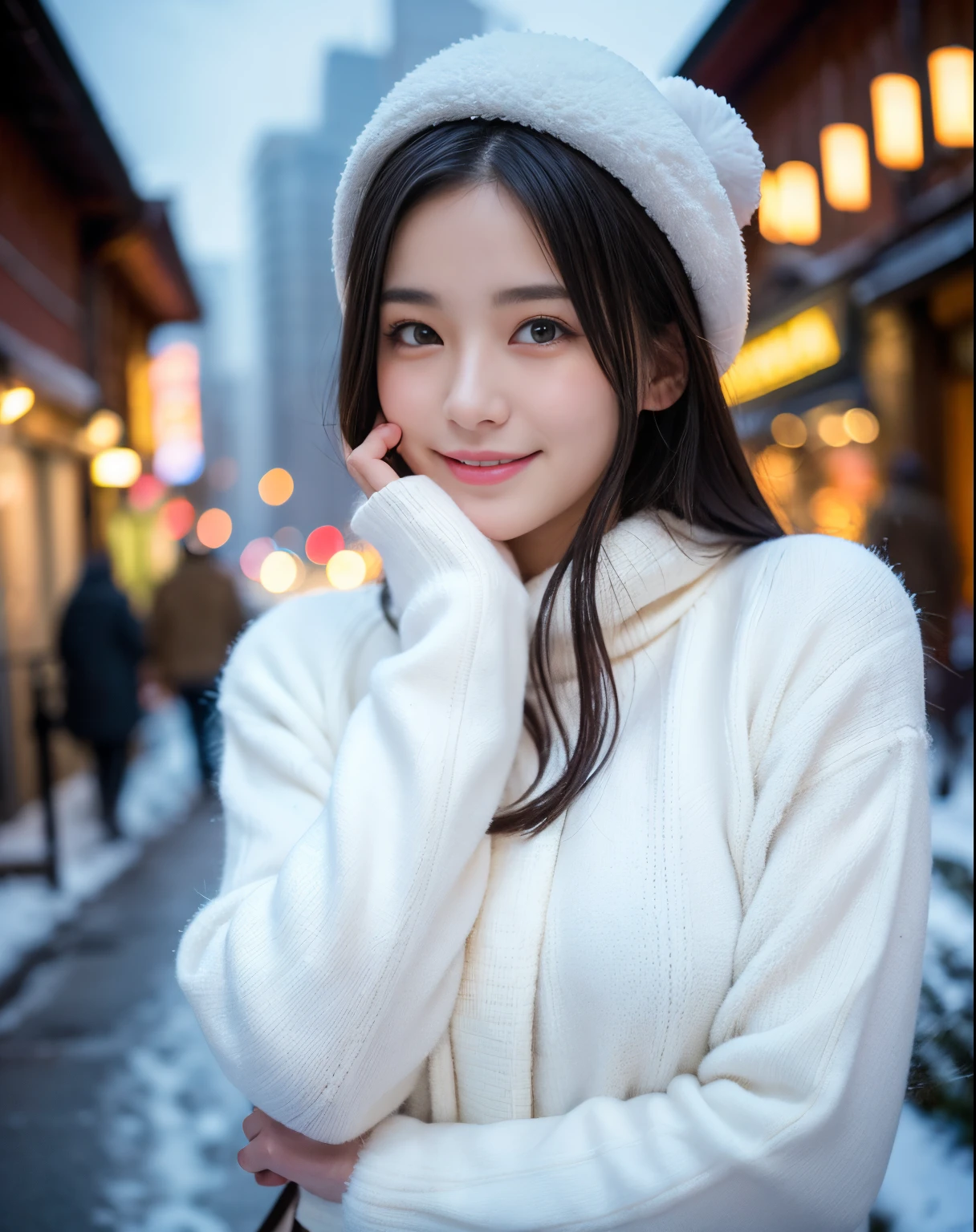 Best Quality, Face Focus, Soft light, 超A high resolution, (Photorealistic:1.4), Raw photo, nffsw, Very detailed CG Unity 8K wallpaper,As a cute 18 year old Japanese woman with black hair., beautiful  Girl, a wonderful goddess, hot maiden, Black eyes, pale skin (Super masterpiece, Beautiful person, Well detailed face, Photorealistic, hyper realisitic), white cold clothes, fuzzy white cap, White blouse, Wearing white gloves, rubbing hands warming up in a snowy street (blue open sky),  and smiling (Light Lighting).