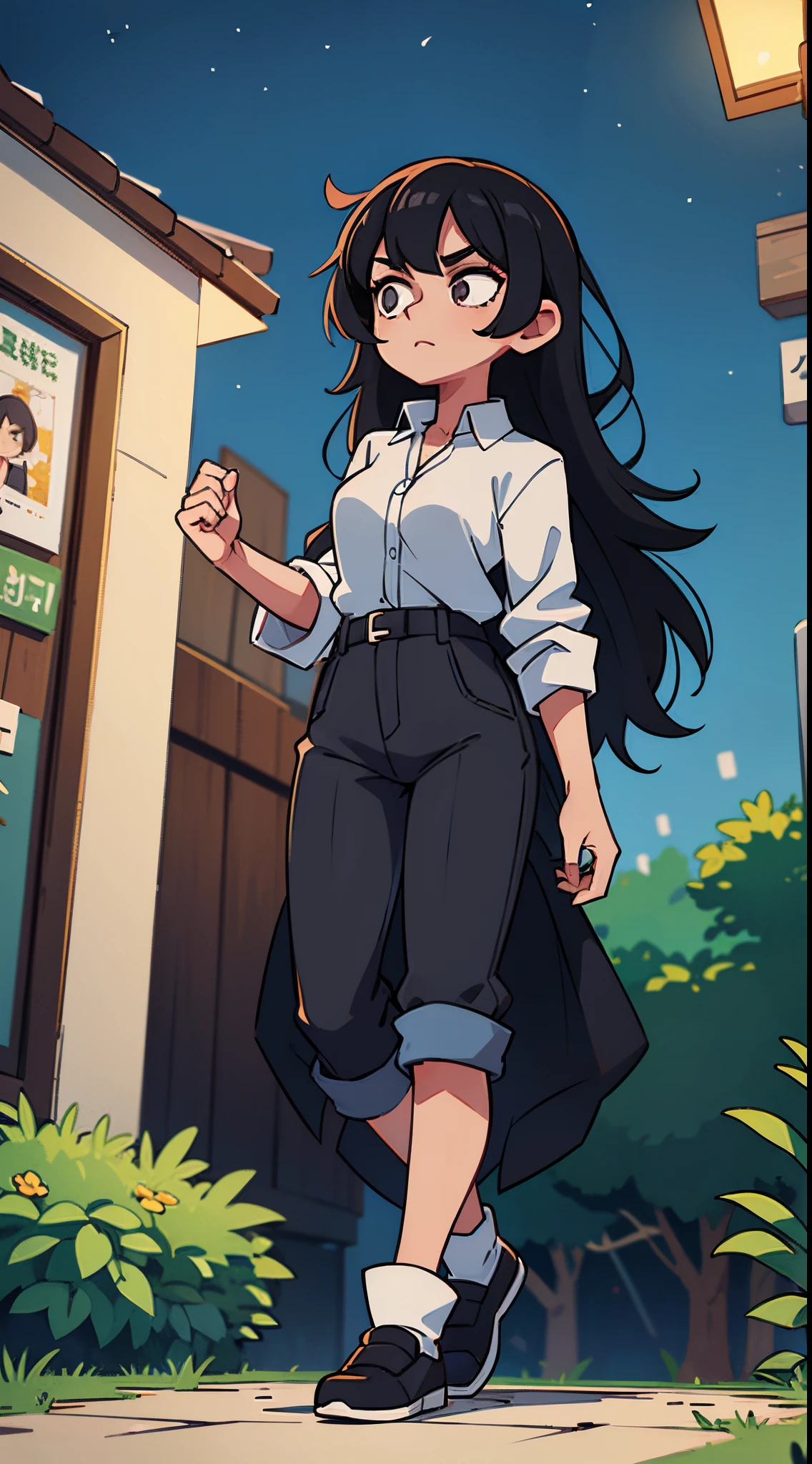 1 male black haired , 1 female long black haired, walking, night time