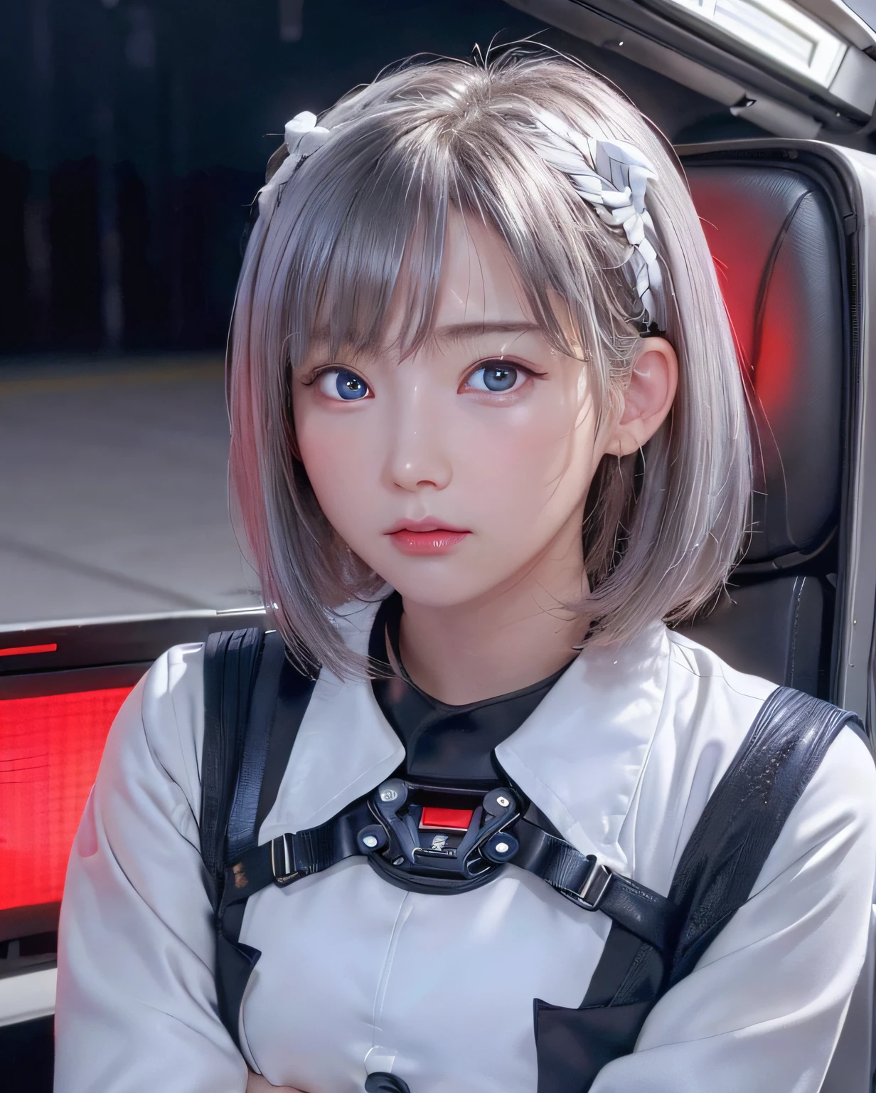 top-quality、Top image quality、masterpiece、girl with((White suit、18year old、 Ager、cute little、Best Bust、big bast,beautiful glowing blue eyes,Great Valley、chest opens wide、 Messy silver hair、Longhaire、A slender,head phone、Sit in the cockpit、Anxious face、Grip the control stick)),hiquality、Beautiful Art、Background with((cockpit、Control stick,Warning screen、Lock On、red light nast piece,kosmos))、depth of fields,Cinematic style