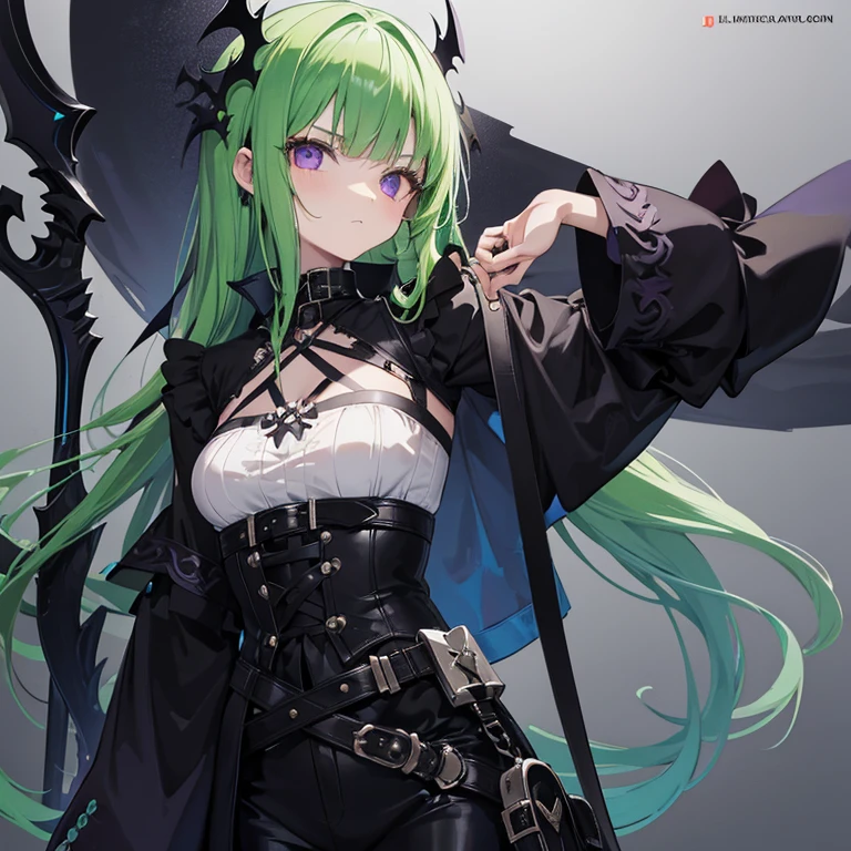 1girl, petite, adorable, long green hair with face framing bangs, purple eyes, flat chest, has a skull and snake tattoo, wears a long robe, wears black wide gothic ruched shirt, restyle 2-in-1 gothic holster bag, Gothic Bolero Hazel with Wide Trumpet Sleeves, Punk- Gothic- Trousers Lunatica with Straps, has a scythe, ta, cute
