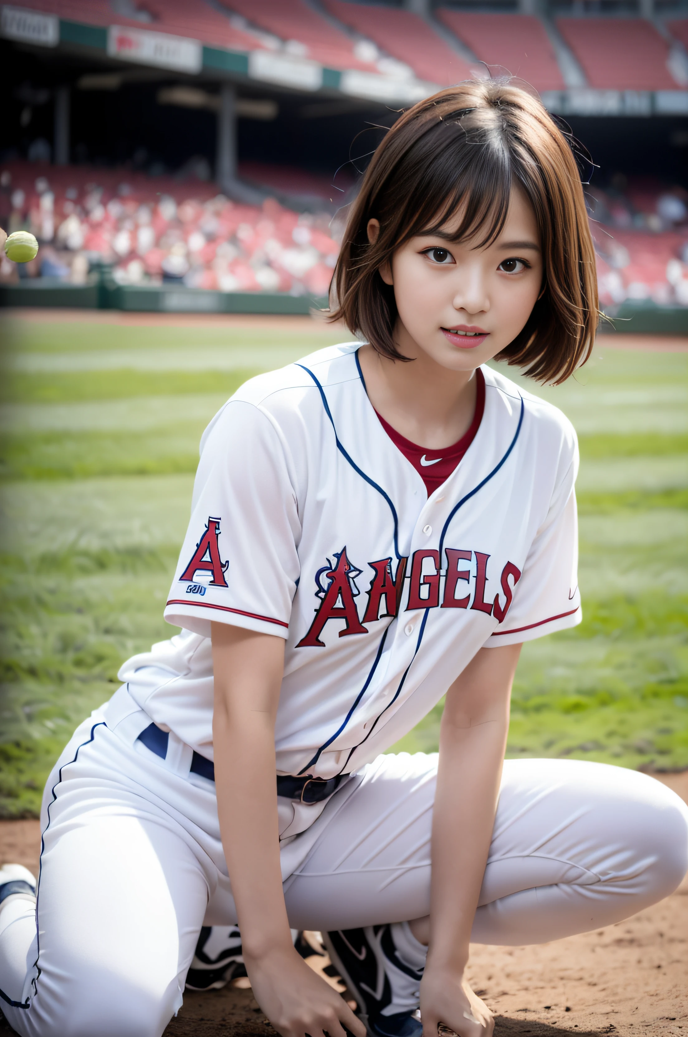 Los Angeles Angels uniforms:1.5、(8K, Raw photo, top-quality, masterpiece: 1.2), masterpiece, super detailing, Ultra-high decomposition energy A, (Realistic and realistic photos: 1.37), high-definition RAW color photography, Very delicate and beautiful., About Igree, 8K Wallpaper, astonishing, detaileds, extremely detailed eye, highlydetailed skin, extremely detailed fingers, highly detailed nose, highly detail mouth, perfect anatomia,1girll, (Baseball Uniforms), hazy, blured background, Blurred foreground, blush, braid, pectoral muscles, depth of fields, eyebrows visible through hair, Frild, hair between eye, Baseball Stadium, jewely, look up at viewer, Short hair, Sitting, Solo, Colossal tits、乃木坂アイドル、韓国アイドル、hposing Gravure Idol、 Star、18year old、tall、韓国アイドル、乃木坂アイドル、 Star、hposing Gravure Idol、((full body Esbian)), ((Gravure Pose))