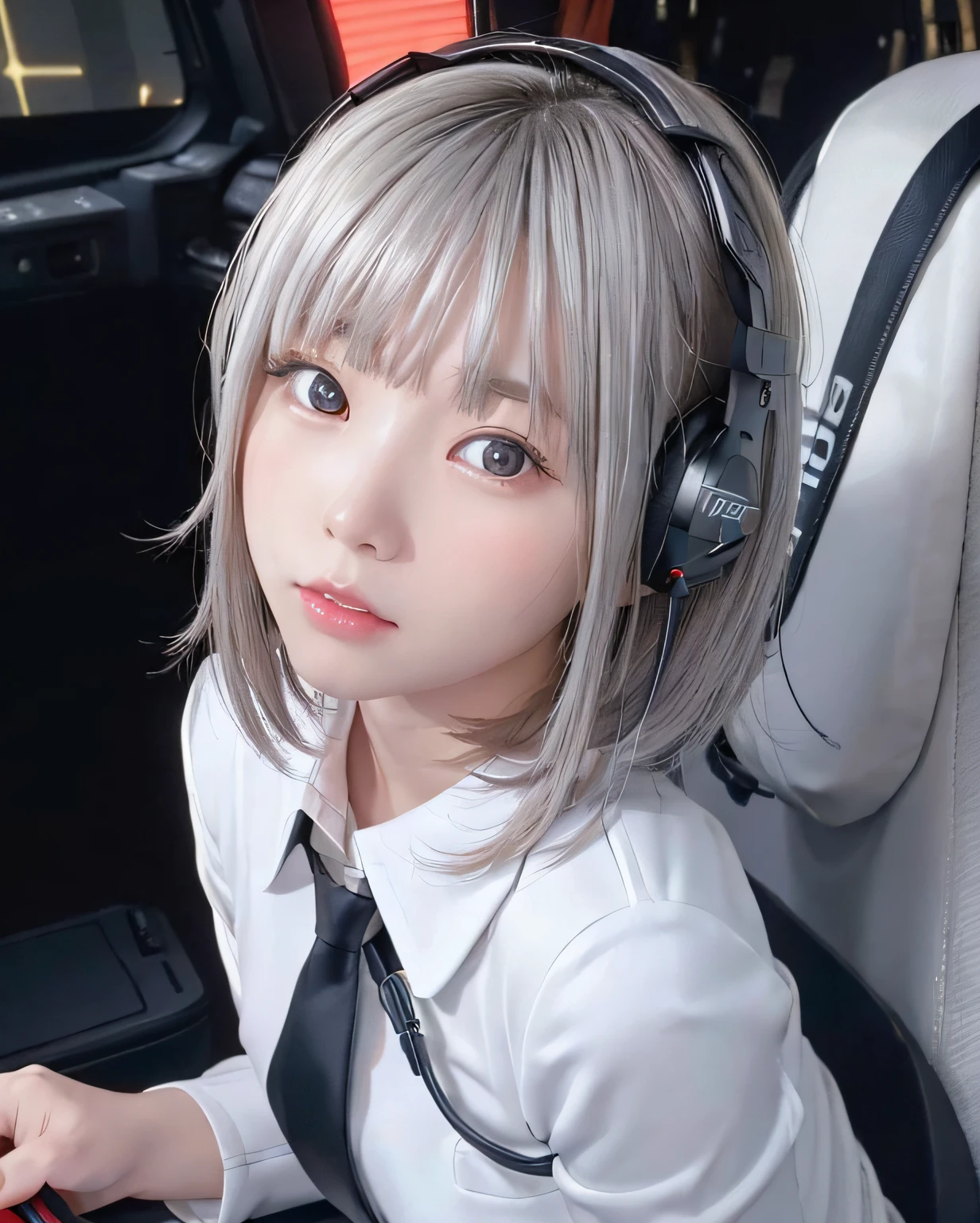 top-quality、Top image quality、​masterpiece、girl with((White suit、18year old、 Ager、cute little、,Beautiful glowing eyes,Great Valley、 Messy silver hair、Longhaire、A slender,head phone、Sit in the cockpit、Anxious face、Grip the control stick)),hiquality、Beautiful Art、Background with((cockpit、Control stick,Warning screen、Lock On、red light nast piece,kosmos))、depth of fields,Cinematic style