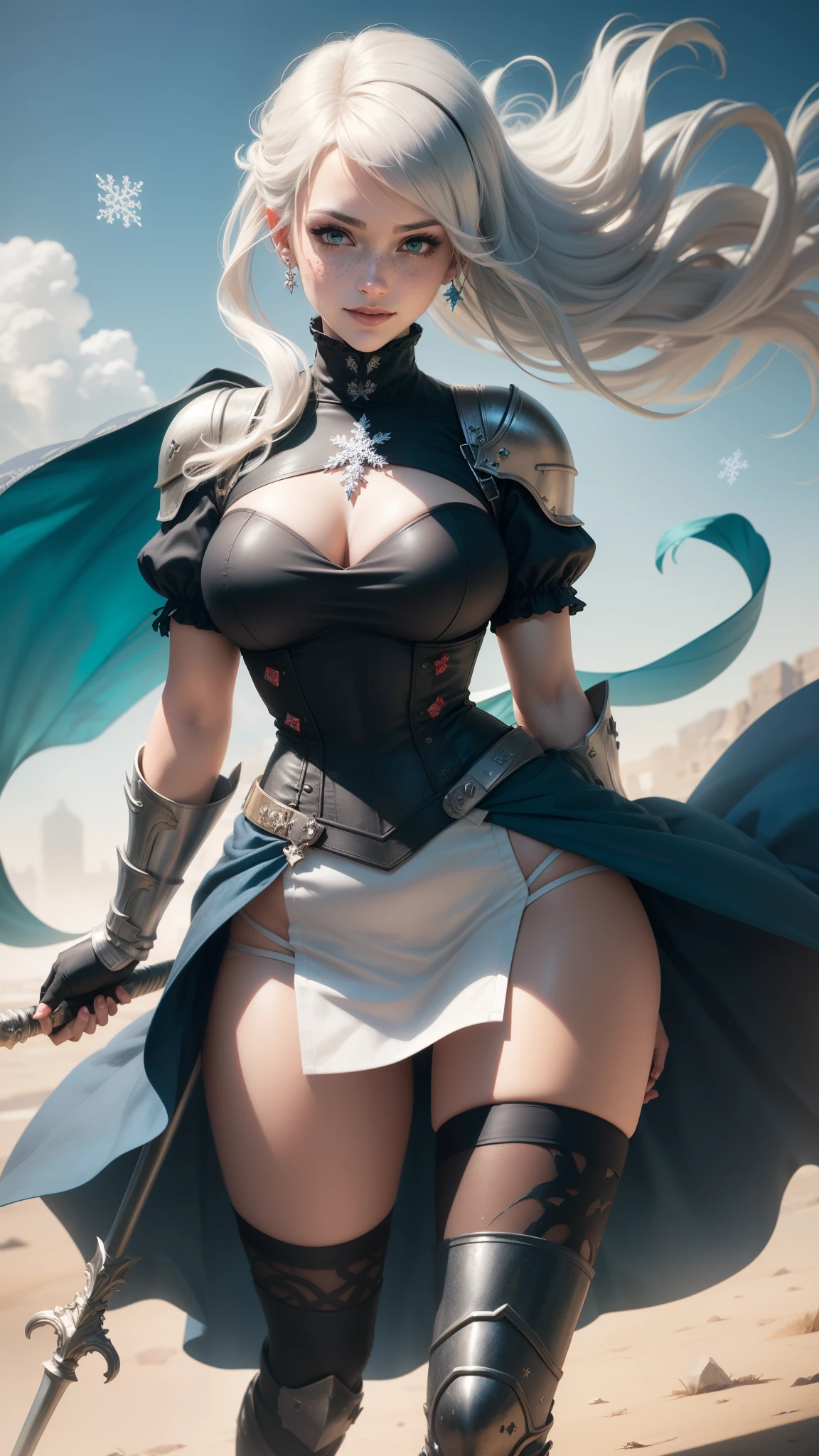 gwen tennyson,yorha 2b,tracer,claire farron,overwatch,atelier ryza,close up,battlefield,tattoos,black and white plugsuit,white short sleeve knight top,short sleeve knight full plate armor,long black knight skirt,steel knight corset,long hair,princess makeup,green eyes,multicolored silver hair,long dress train,sexy smile, freckles,beautiful girl,knight thigh high boots,large breasts,8k,ultra detailed,realistic,fantasy art,silver knight uniform,queen gown dress,hair pin,ear piercings,snowflake hand and neck jewelry,(weather:windy), long royal blue knight coat,holding a short spear,running fast,