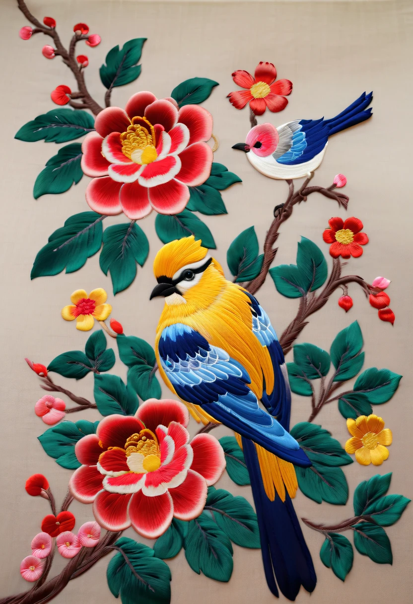 Draw an embroidery work,flower and bird embroidery,Chinese clothing design,Silk fabric,