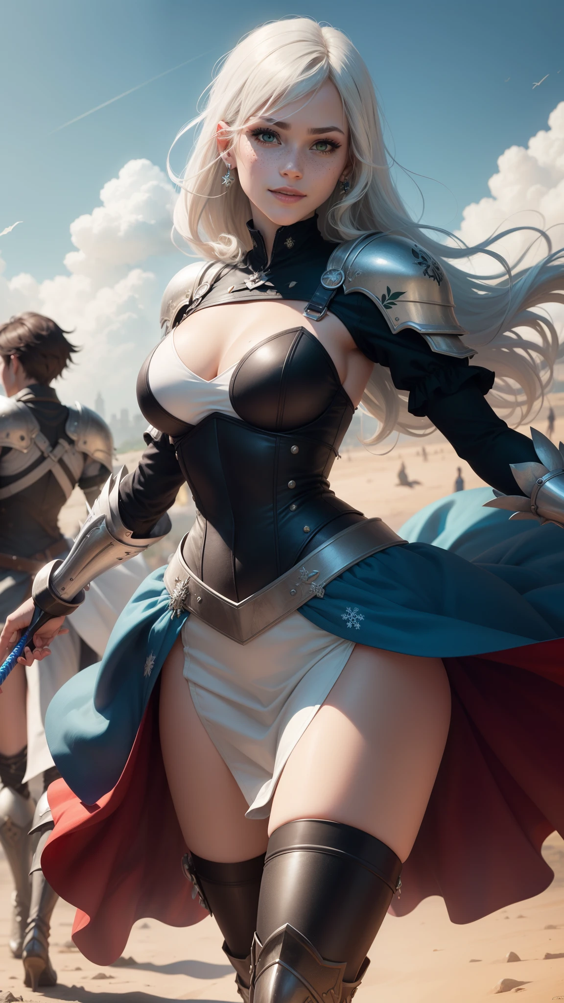 gwen tennyson,yorha 2b,tracer,claire farron,1girl,overwatch,atelier ryza,close up,battlefield view,tattoos,royal gray and white plugsuit,white short sleeve knight top,short sleeve knight full plate armor,long knight skirt,white knight corset,long hair,princess makeup,green eyes,multicolored silver hair,long dress train,sexy smile,freckles,beautiful girl, knight thigh high boots,big breasts,8k, ultra detailed,realistic,fantasy art,silver knight uniform,queen gown dress,hair pin,ear piercings,snowflake hand and neck jewelry,(weather:windy),long gray knight cape,holding a sword on each hand,(pose:sword raised ready to attack),