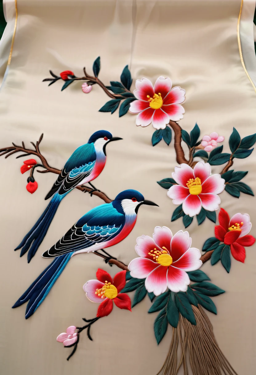 Draw an embroidery work，flower and bird embroidery，Chinese clothing design，Silk fabric，