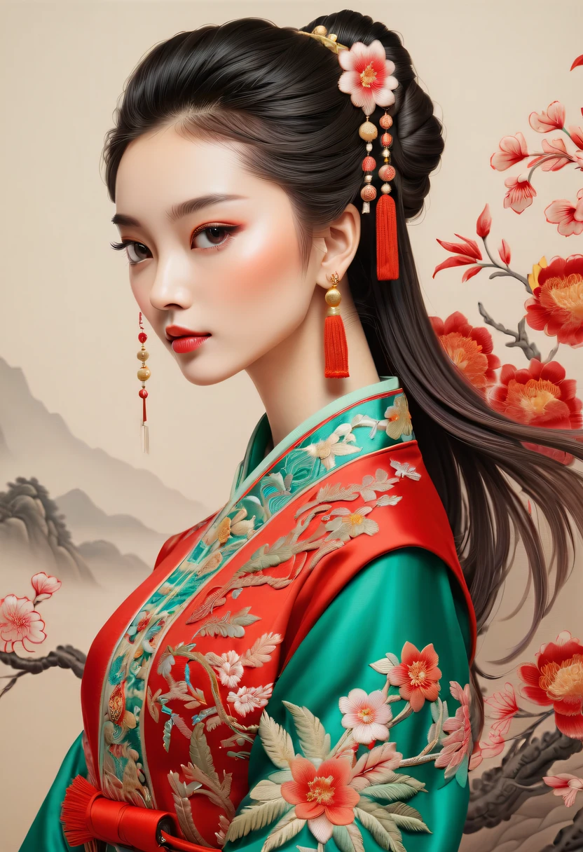Draw an embroidery work,Character embroidery,Chinese clothing design,Silk fabric,