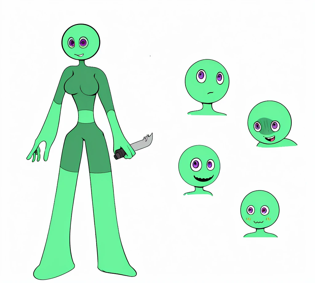 character sheet, Full body, full of details, multiple poses, highly detailed, depth, many parts, cartoon with green eyes and a blue body, elongated arms, elongated figure, neutral pose, humanoid form, humanoid shape, zoomed out full body, arms extended, distant full body view, full entire body fun pose, full body, fully body pose, Green Silhouette girl full body pose, serpentine pose gesture, purple eyes, boob, no human, smile, no ear, no nose, stickman girl, cartoon drawing of a woman with a knife, happy female alien, alien girl, alien forms, female humanoid creature, humanoid form, character design humanoid, humanoid character, angry female alien, character model sheet, concept character, several character designs, purple eyes