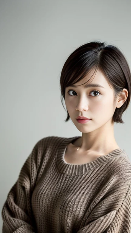 (Best Quality, 8K, 32K, masutepiece, nffsw: 1.2), Japan beauties, Big, Very Shorthair, Upper body, Face Focus, Sweaters, Background, Watch Viewers