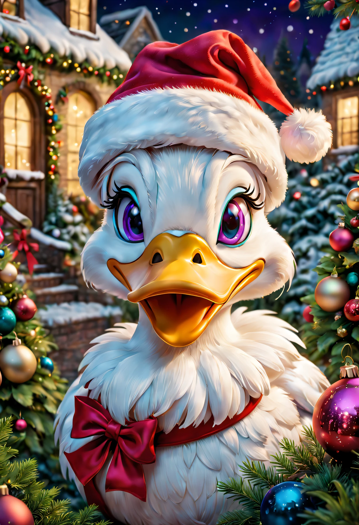 Daisy duck wearing santa hat, Surrounded by a garden filled with Christmas decorations, Vibrant flowers, and colorful lights. Beautiful and delicate eyes and lips, long eyelasher. The scene is depicted in traditional illustration medium, Capture the whimsical and festive spirit of Christmas. Artwork is of the best quality, Features ultra-detailed elements, Gives a sense of reality and reality. vibrant with colors、with dynamism, Features warm colors that reflect the Christmas theme. The lighting is soft and warm, Create a cozy and magical atmosphere.