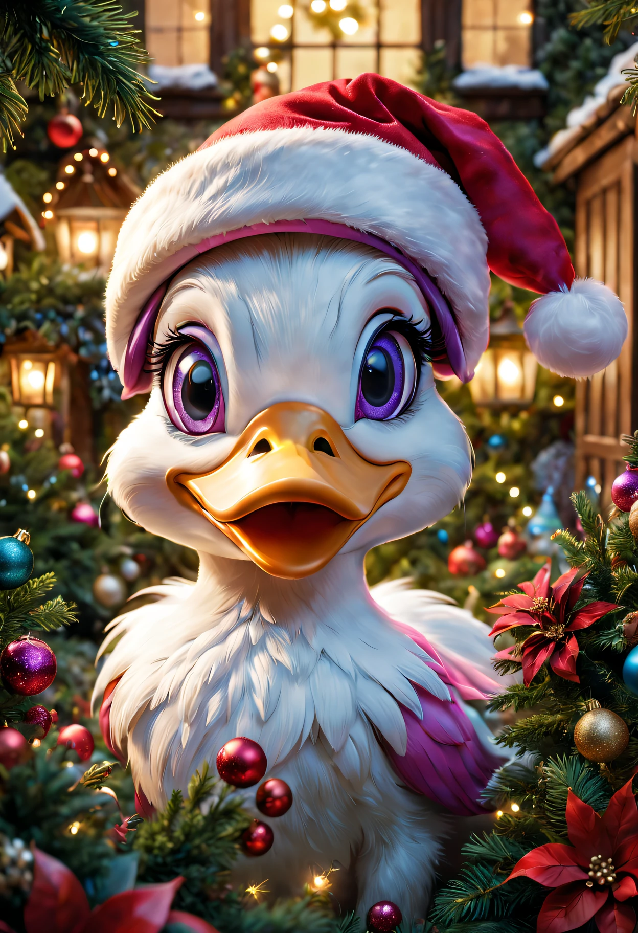 Daisy duck wearing santa hat, Surrounded by a garden filled with Christmas decorations, Vibrant flowers, and colorful lights. Beautiful and delicate eyes and lips, long eyelasher. The scene is depicted in traditional illustration medium, Capture the whimsical and festive spirit of Christmas. Artwork is of the best quality, Features ultra-detailed elements, Gives a sense of reality and reality. vibrant with colors、with dynamism, Features warm colors that reflect the Christmas theme. The lighting is soft and warm, Create a cozy and magical atmosphere.