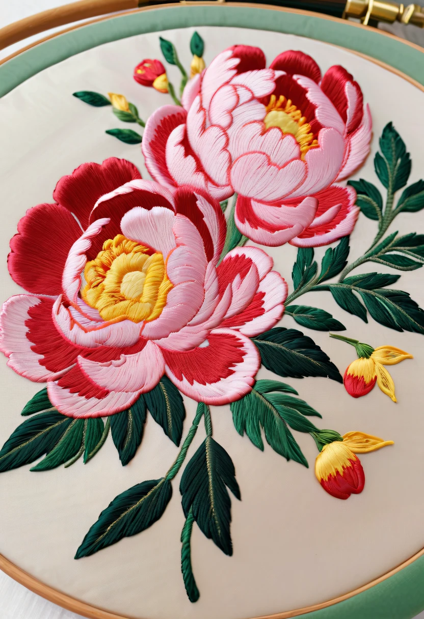 Draw an embroidery work，Peony embroidery，Chinese clothing design，Silk fabric，