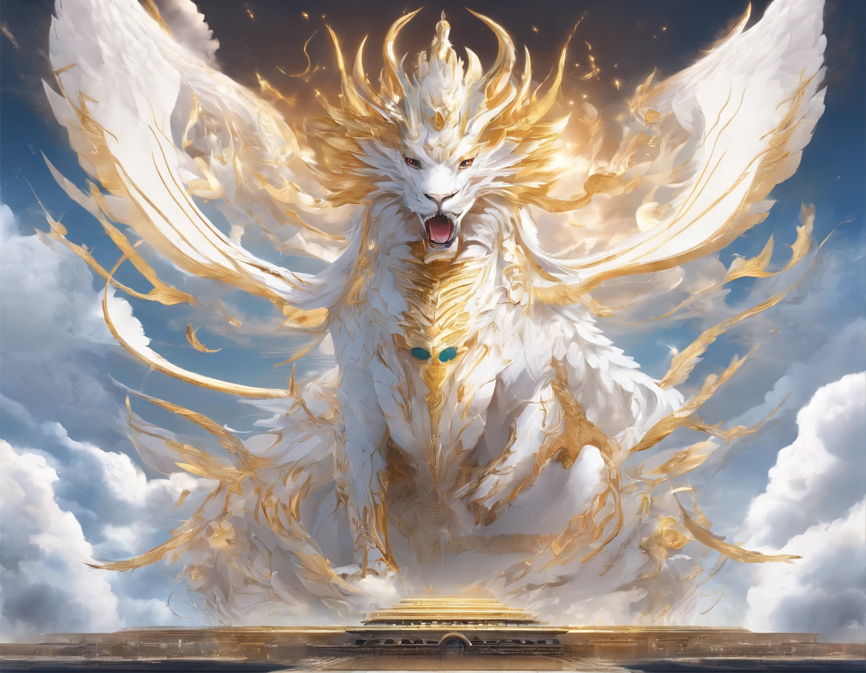 A logo、​masterpiece、(white sky backgrounid:1)、Golden Chinese dragon surrounded by white clouds、Deities々Halo、the wind、Deities、long wavy body、tusk、horns, full body、Fantasia、myth、hightquality、ighly detailed、​masterpiece、epic poem、Particle effect、Dynamic effects