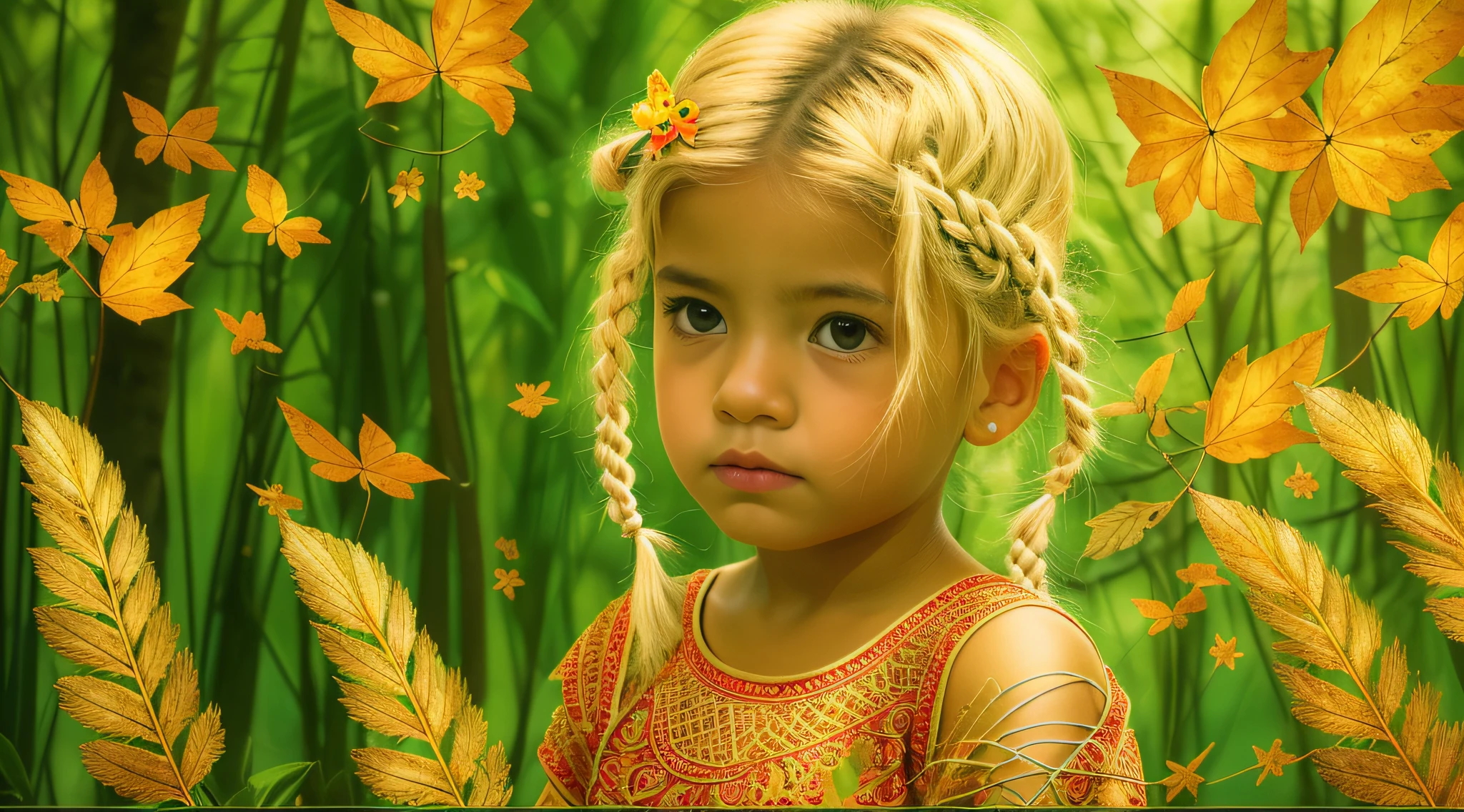 KIDS BLONDIE BRAIDS fotografia (estilo fallenangel:1) uma pintura digital de um (atraente:1) Anjo dourado sentado no meio de uma floresta