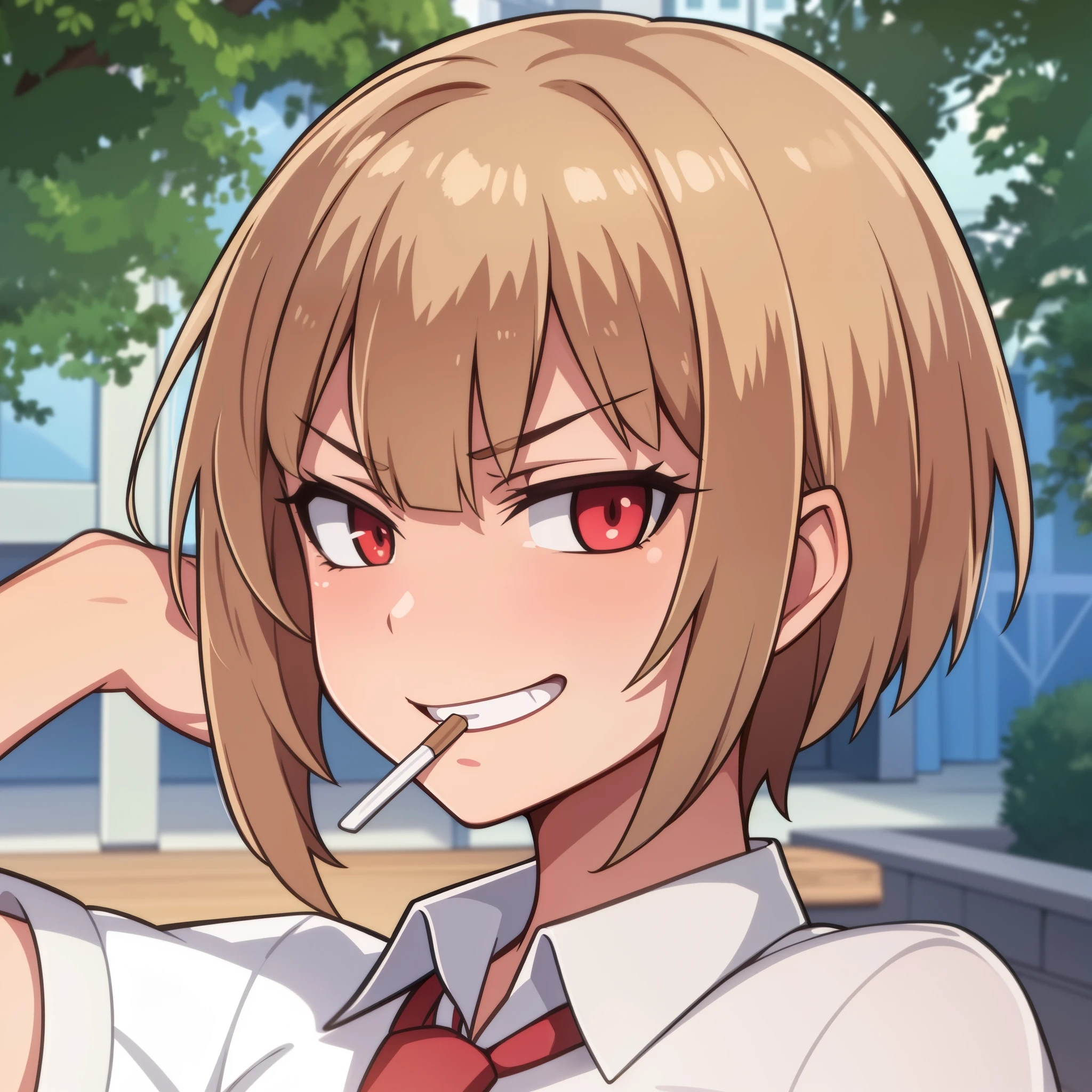 hiquality, tmasterpiece (one girls). hooligan. Sullen face. blonde woman. Short Hair Hair. brown eye. white  shirt. red tie. Hand in Hair. against the background of the park.