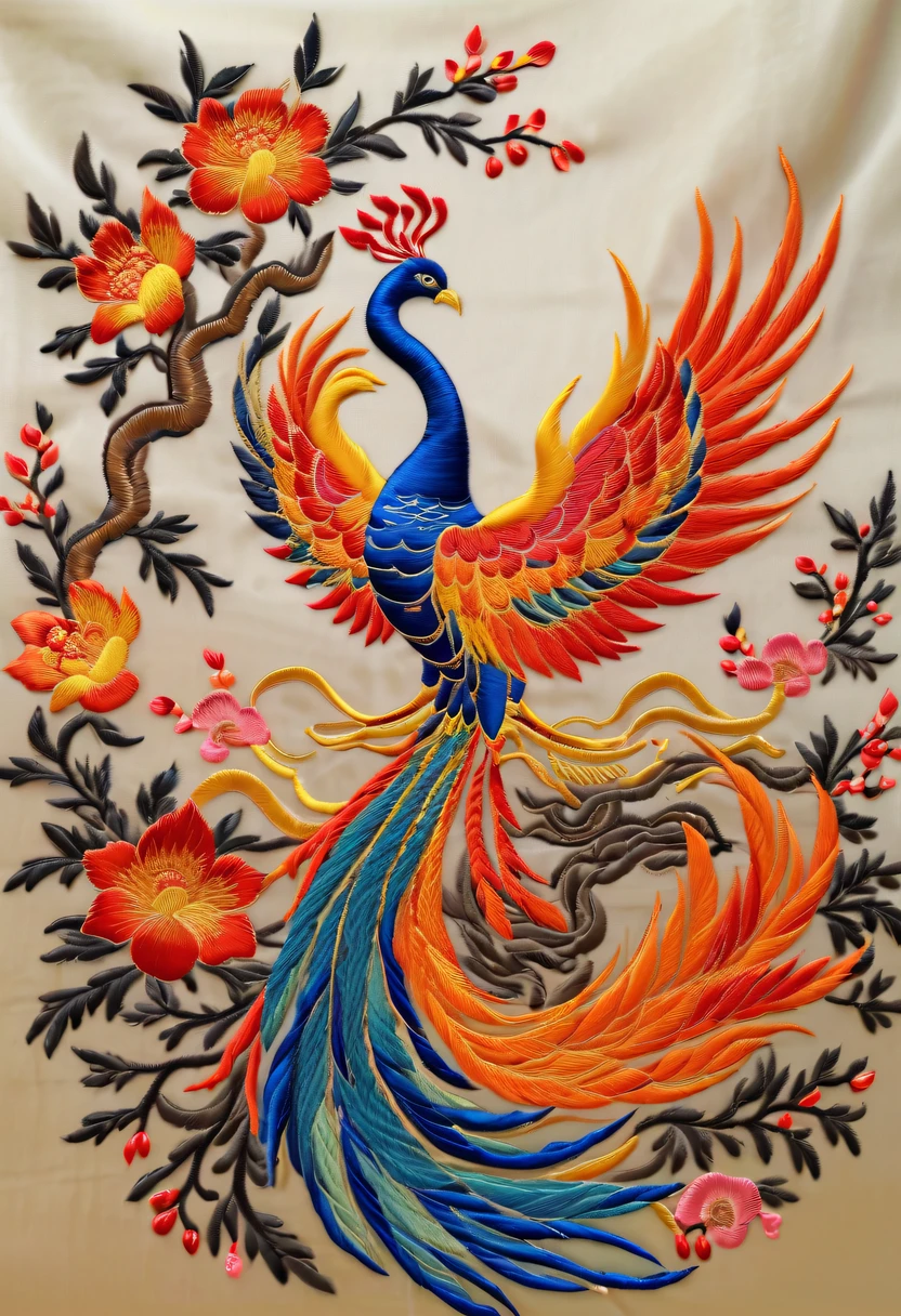 Draw an embroidery work，Phoenix embroidery，Chinese clothing design，Silk fabric，