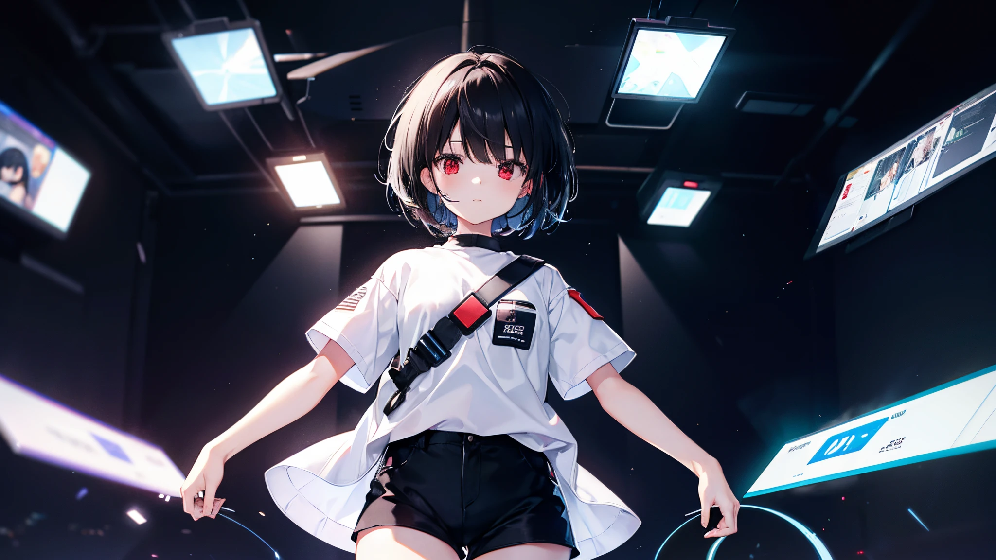 1girl, short black hair, white shirt, hologram monitor in front of her, black background, short pants, red eyes,