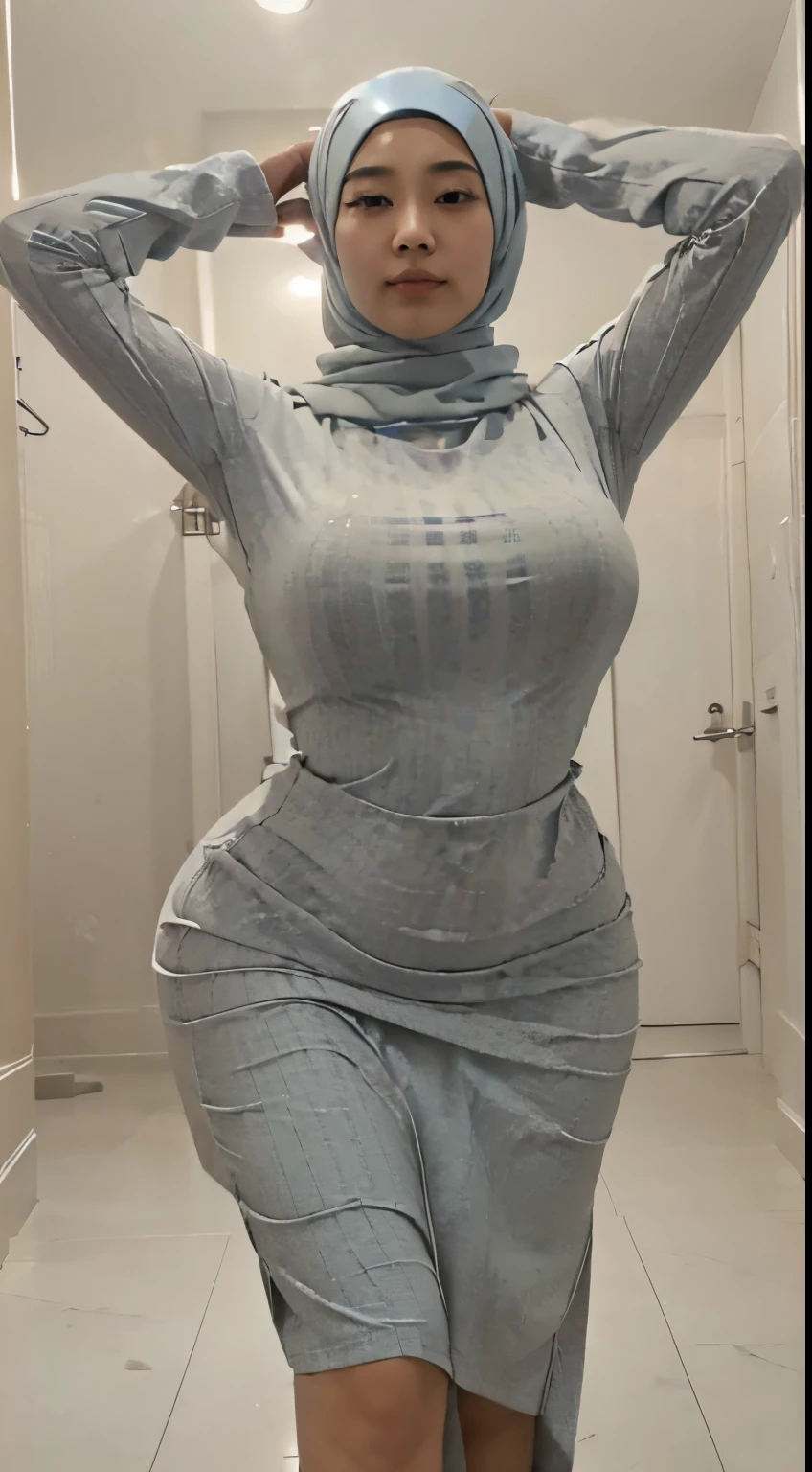 Korean ,gigantic breasts,hijab,long slevees,dress long,close arms