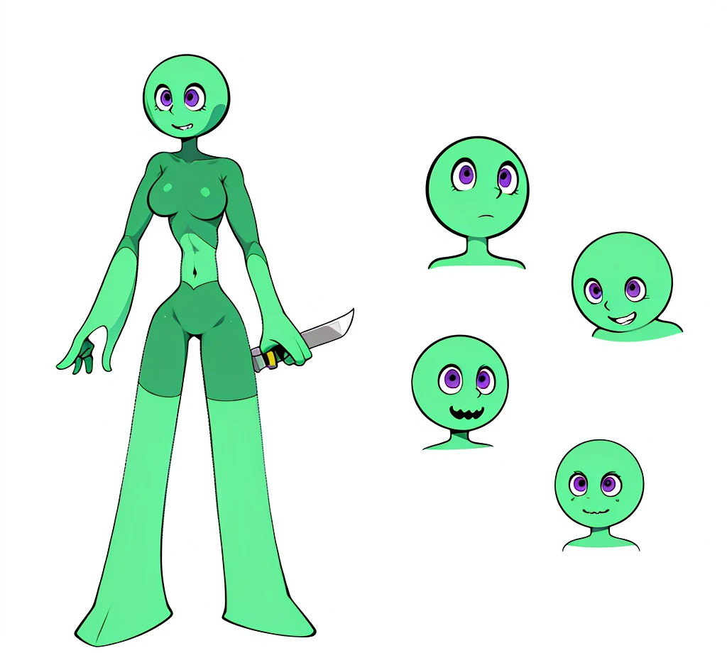 character sheet, Full body, full of details, multiple poses, highly detailed, depth, many parts, cartoon with green eyes and a blue body, elongated arms, elongated figure, neutral pose, humanoid form, humanoid shape, zoomed out full body, arms extended, distant full body view, full entire body fun pose, full body, fully body pose, Green Silhouette girl full body pose, serpentine pose gesture, purple eyes, boob, no human, smile, no ear, no nose, stickman girl, cartoon drawing of a woman with a knife, happy female alien, alien girl, alien forms, female humanoid creature, humanoid form, character design humanoid, humanoid character, angry female alien, character model sheet, concept character, several character designs, purple eyes