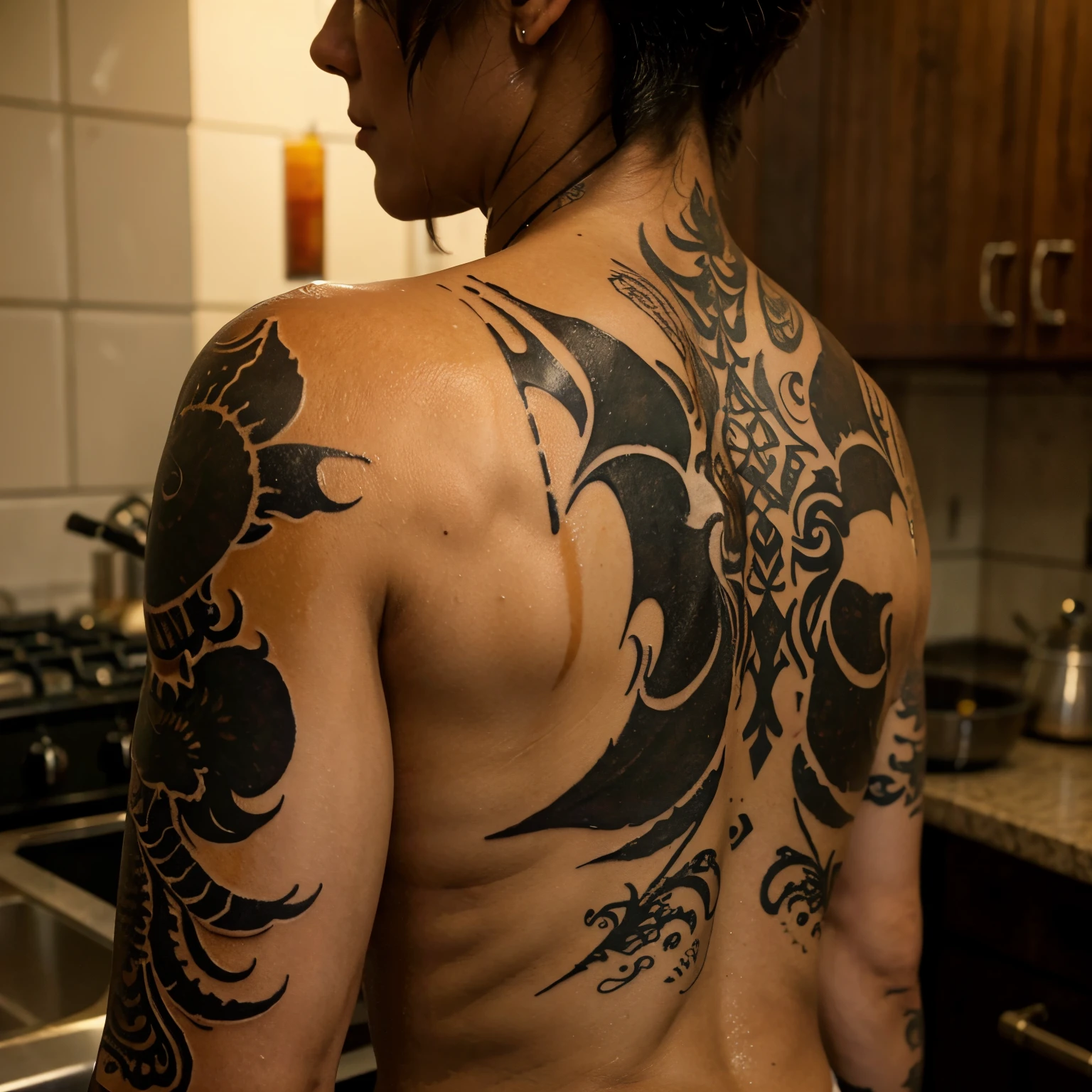 Dragon tattoo on the back with syrup wrapped around the arm