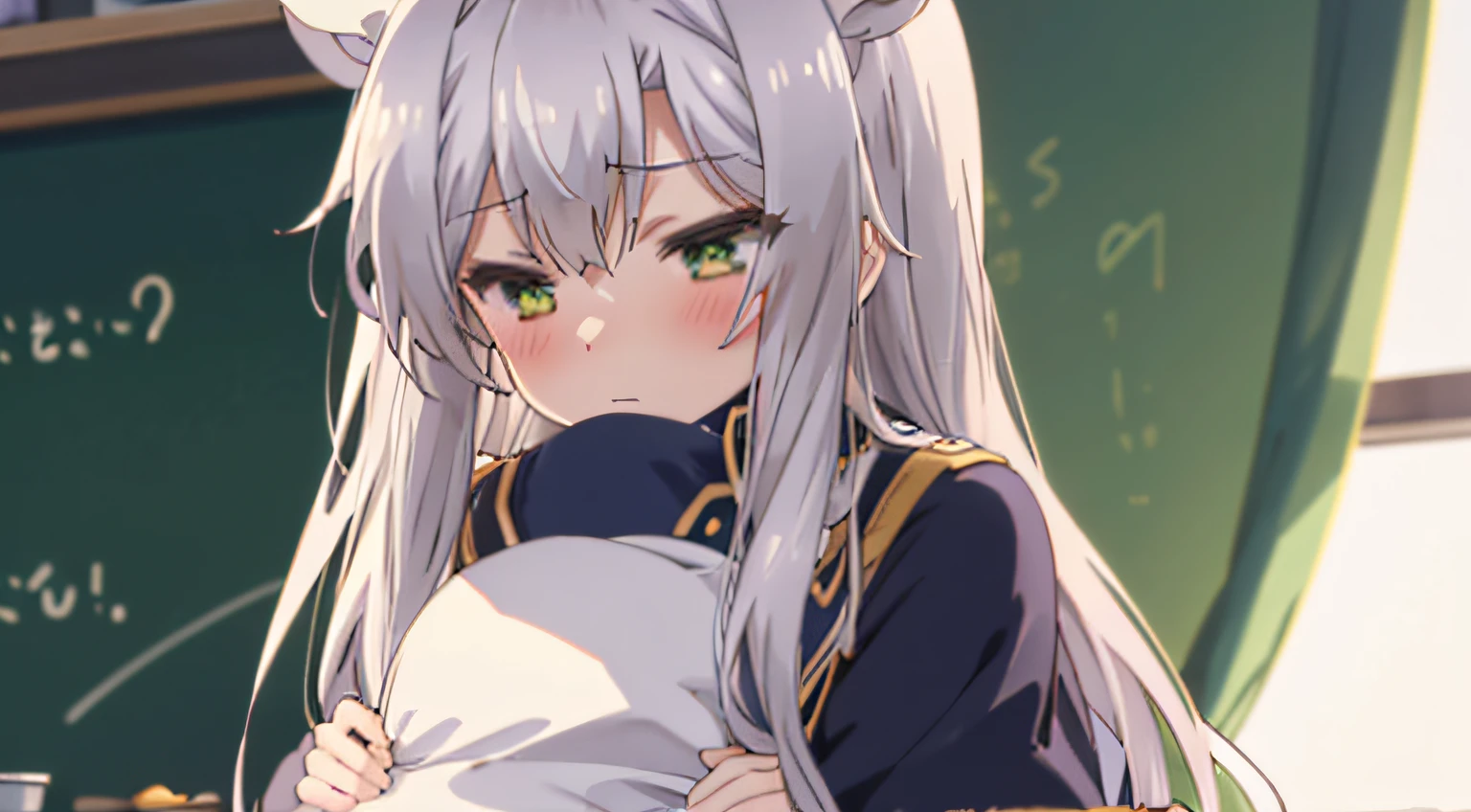 (super high resolution), 1girl, solo, silver hair, green eyes, cat ears school uniform, intensive blushes, flat chest, classroom, standing, hugging a clothes, sniff the clothes, face half-covered, closing eyes, blushing, **covering face with clothes**, sleeping