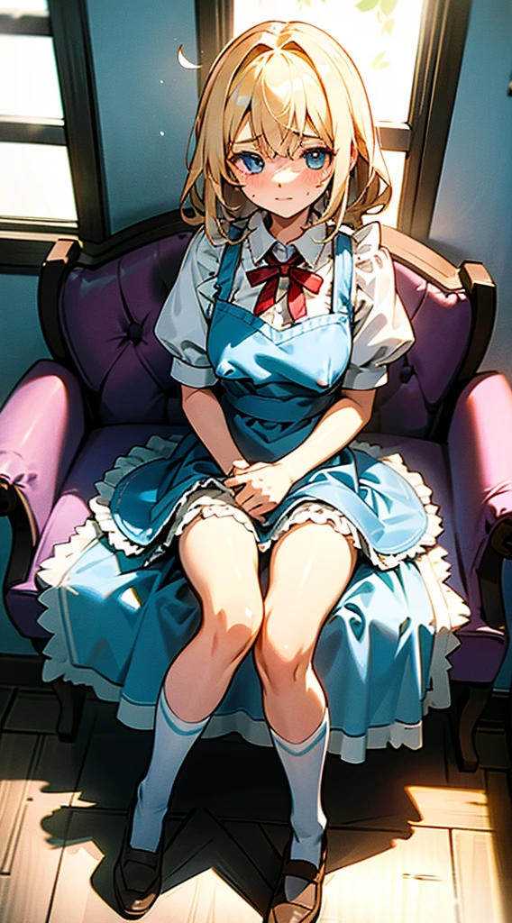 alice in the wonderland, Super cute girl, a blond, Long, shame, My face looks like I'm about to cry because I'm embarrassed because my pee came out., Light blue fluttering short dress, Layer a white apron skirt with frills, frilld, B-cup breasts, Light blue fluttering mini skirt, Long white knee-high socks that go above the knee, and draw the full body, Sitting on a chair, Inside an old Western-style building, absurd worldview, window where bright sunlight shines through, Her clothes are a little disarrayed and her breasts are exposed., Draw nipples,Her skirt is a little disarray and her crotch is visible., draw the genitals of the crotch, Pee, I pee and the urine comes out from my crotch and flows down my thighs.