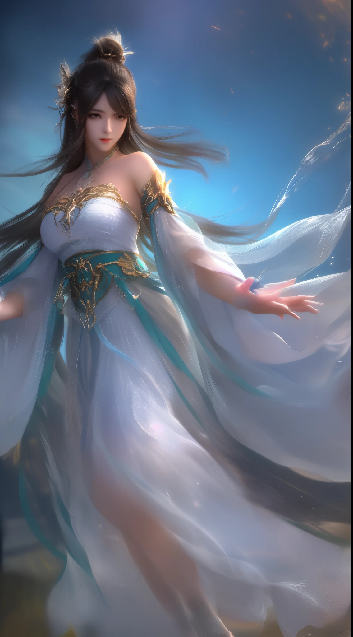(8k, RAW Photos: 1.2), Best Quality, Illustration, Beautiful Painting, 1 Woman, Beautiful Face, Delicate Skin, Gorgeous Bun, Hair Accessories, Hanfu, Full Body, High Detail, Accent, Color Ink Painting, Splash Color, (((colorful)), lycoris, Sketch, Denoising, Splashing ink, Dramatic, Cinematic, White background, Super High Resolution, Best Shadow, RAW, (HDR) (wallpaper) (Cinematic lighting) (sharp focuasterpiece, (Very detailed CG unified 8k wallpaper)