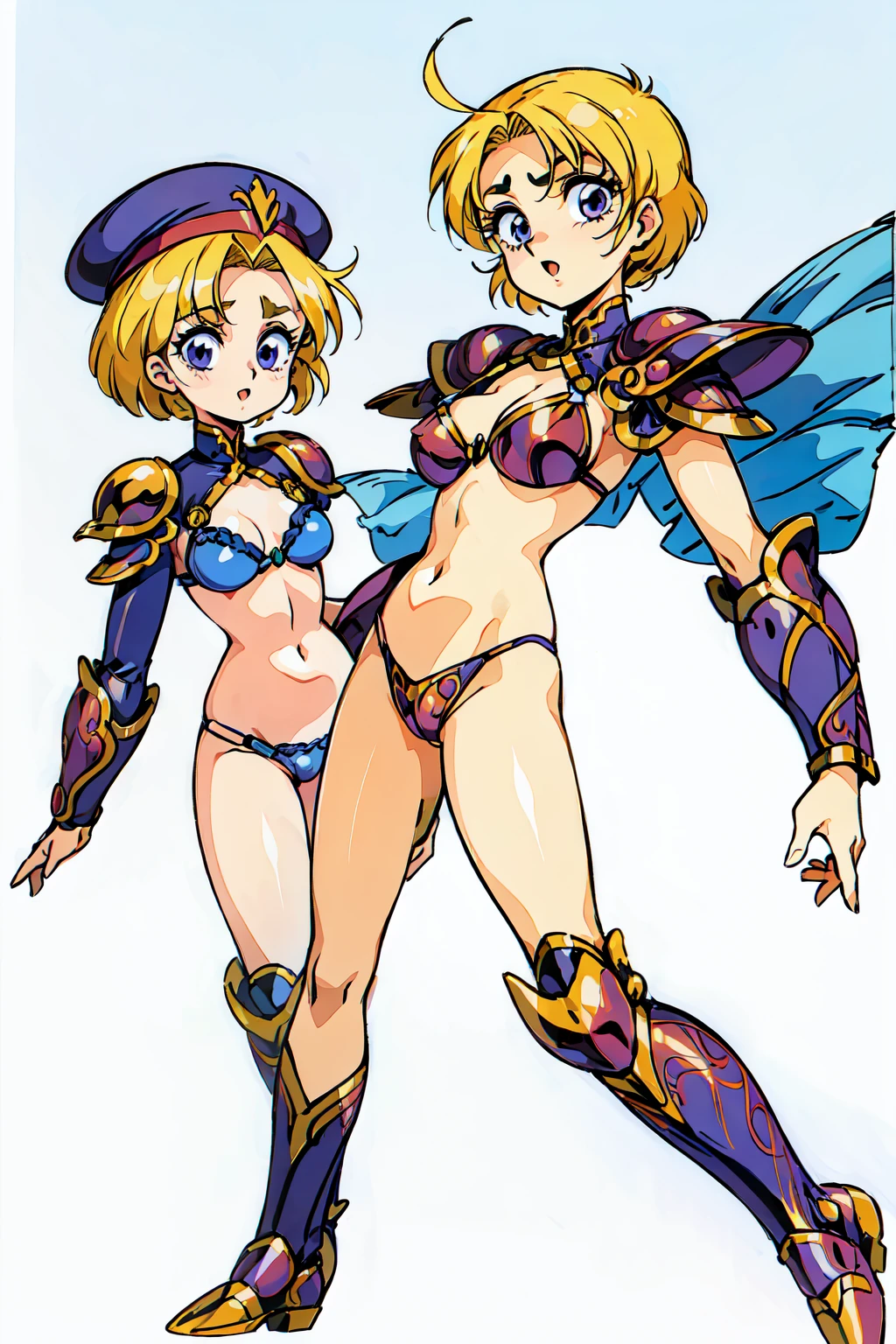 "(masterpiece:1.1), best quality,
1girl, (80s anime style:1.3), (eyelashes:1.5),
(intricate high detailed body:1.2),
(yellow hair:1.1), (forehead, hair slicked back:1.2), (short hair:1.1), (holy hat:1.2),
purple eyes, (thick eyebrows:1.1),
(slim body:1.1), (gigantic breasts:1.1),
(expressionless:1.2), open mouth,
(bikini armor:1.2),
(knight armor, armored boots:1.2), (frill:1.1), (accessories:1.1), neckwear,
standing,
(dynamic pose:1.1), (full body, looking at viewer, from front:1.1),
(simple white background:1.5)"