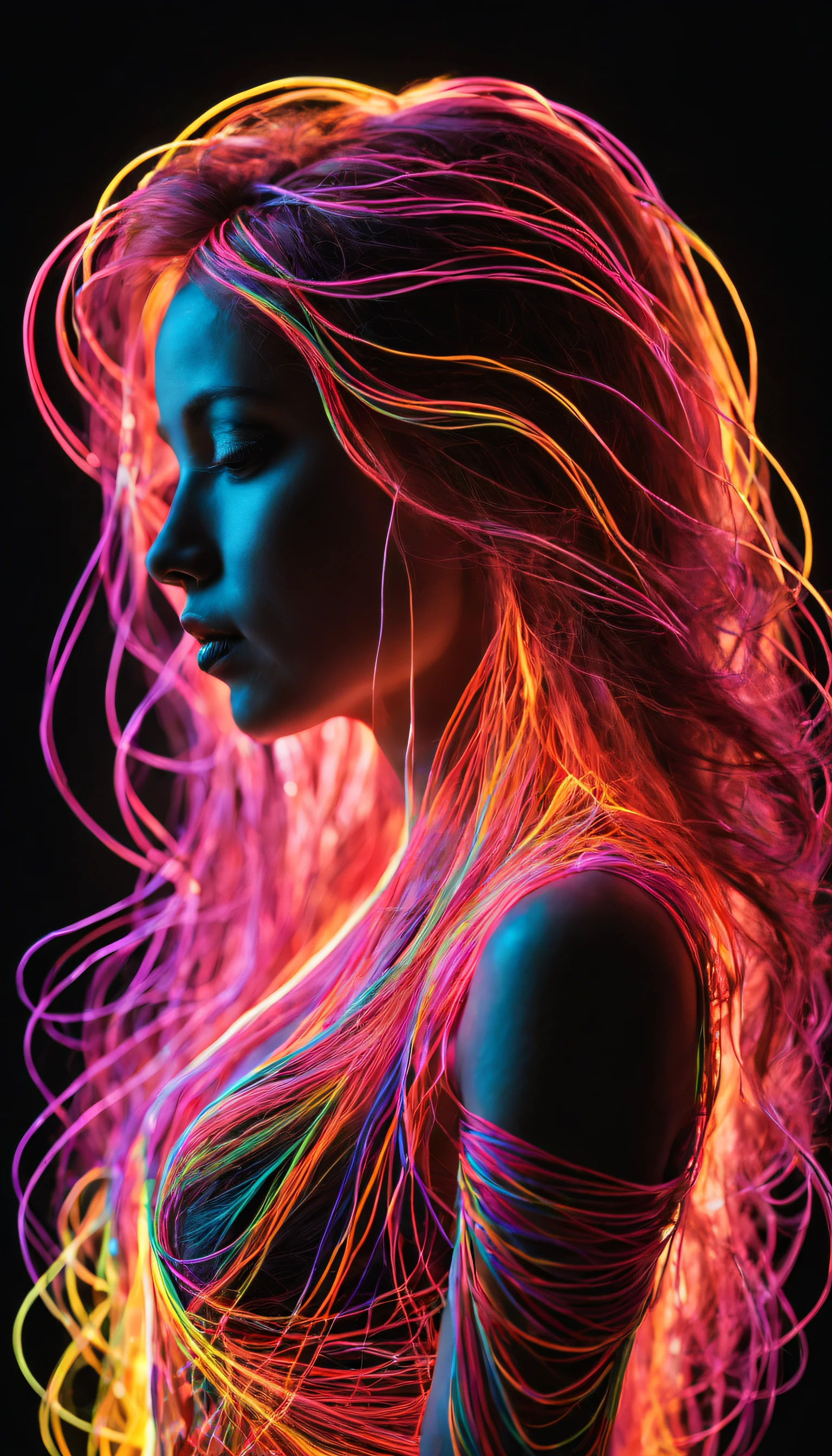 ((Ultra Long Exposure Photography)) high quality, highly detailed, Colorful beautiful woman silhouette made of millions of ultra bright neon strings, beautiful silhouette, by yukisakura, high detailed,